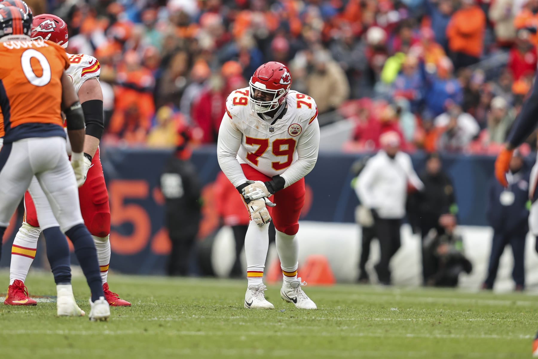 DENVER, COLORADO - OCTOBER 29: Donovan Smith #79 of the Kansas City Chiefs lines up during an NFL football game between the Denver Broncos and the Kansas City Chiefs at Empower Field At Mile High on October 29, 2023 in Denver, Colorado. (Photo by Michael Owens/Getty Images)