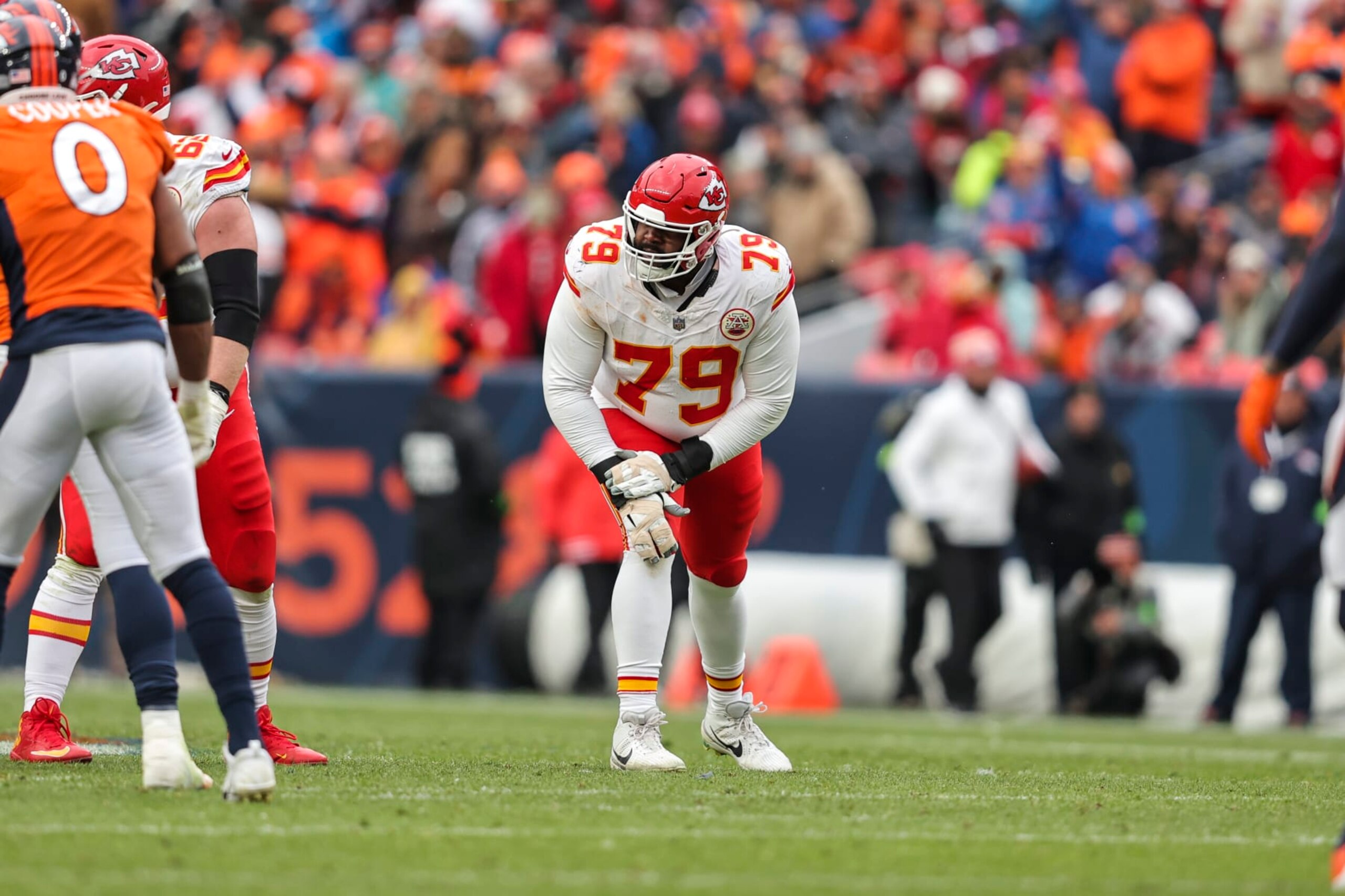 DENVER, COLORADO - OCTOBER 29: Donovan Smith #79 of the Kansas City Chiefs lines up during an NFL football game between the Denver Broncos and the Kansas City Chiefs at Empower Field At Mile High on October 29, 2023 in Denver, Colorado. (Photo by Michael Owens/Getty Images)