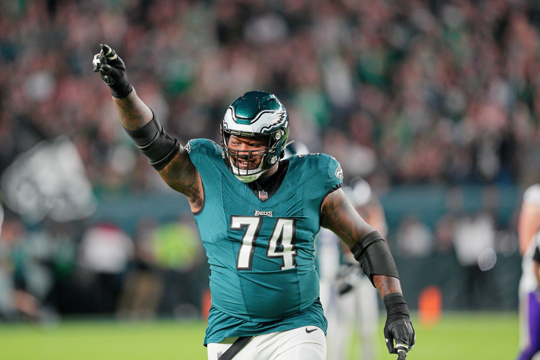 PHILADELPHIA, PA - SEPTEMBER 14: Philadelphia Eagles offensive tackle Fred Johnson (74) celerates a win during the game between the Minnesota Vikings and the Philadelphia Eagles on September 14, 2023, at Lincoln Financial Field, in Philadelphia, PA. (Photo by Andy Lewis/Icon Sportswire via Getty Images)