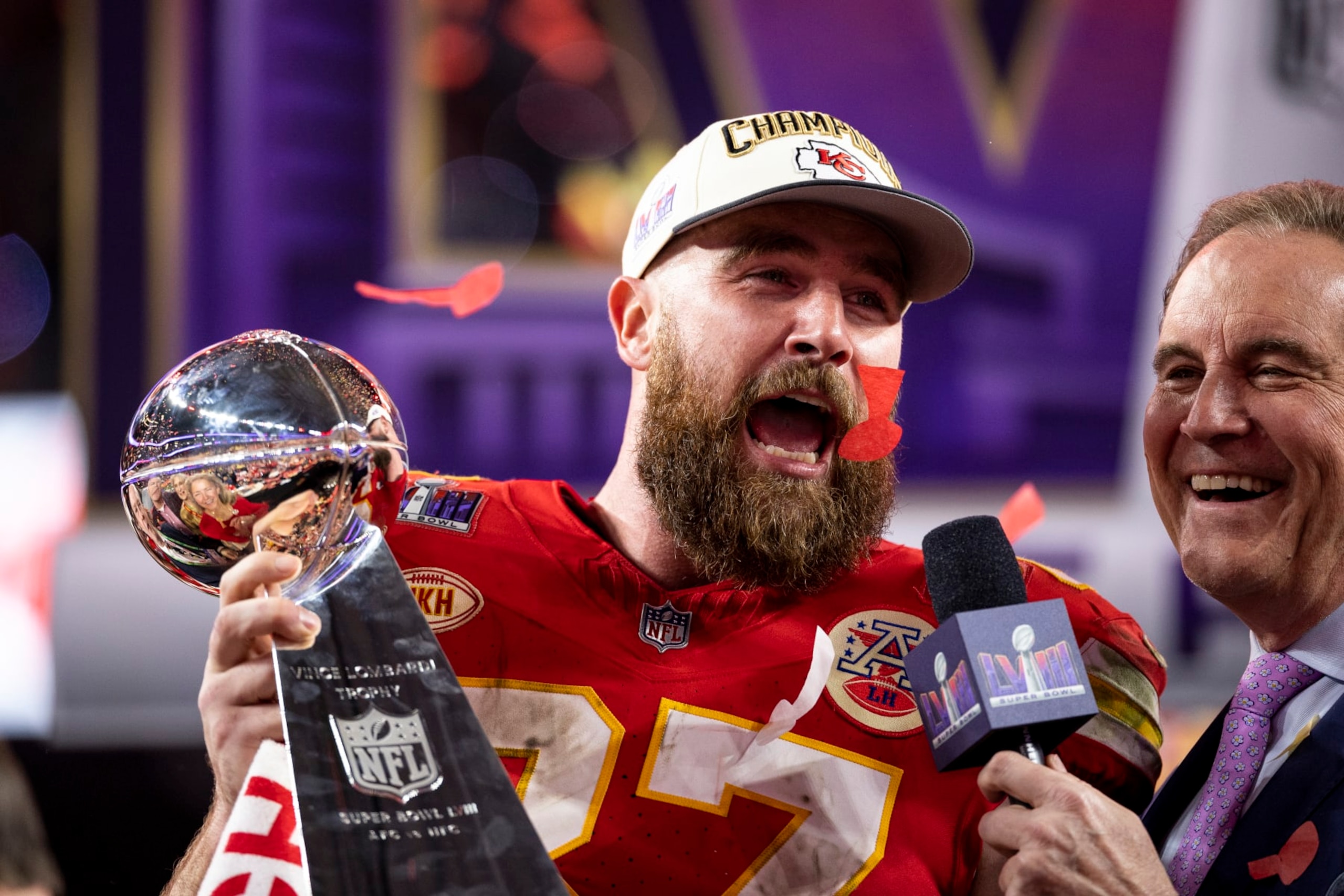 LAS VEGAS, NEVADA - FEBRUARY 11: Travis Kelce #87 of the Kansas City Chiefs celebrates with the Vince Lombardi Trophy following the NFL Super Bowl 58 football game between the San Francisco 49ers and the Kansas City Chiefs at Allegiant Stadium on February 11, 2024 in Las Vegas, Nevada. (Photo by Michael Owens/Getty Images)
