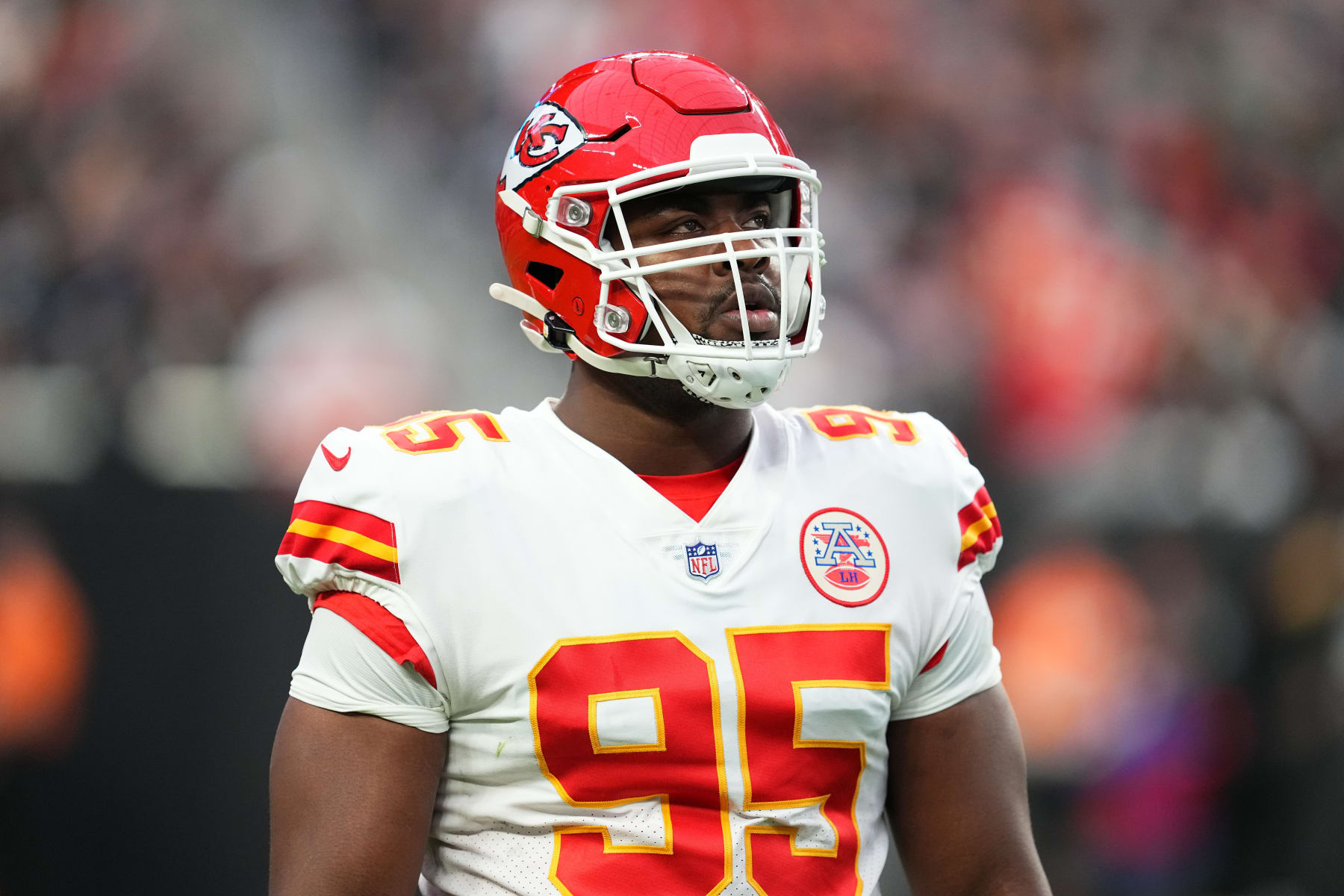 LAS VEGAS, NEVADA - JANUARY 07:  Defensive tackle Chris Jones #95 of the Kansas City Chiefs looks on after a play during the first half of a game against the Las Vegas Raiders at Allegiant Stadium on January 07, 2023 in Las Vegas, Nevada. (Photo by Chris Unger/Getty Images)