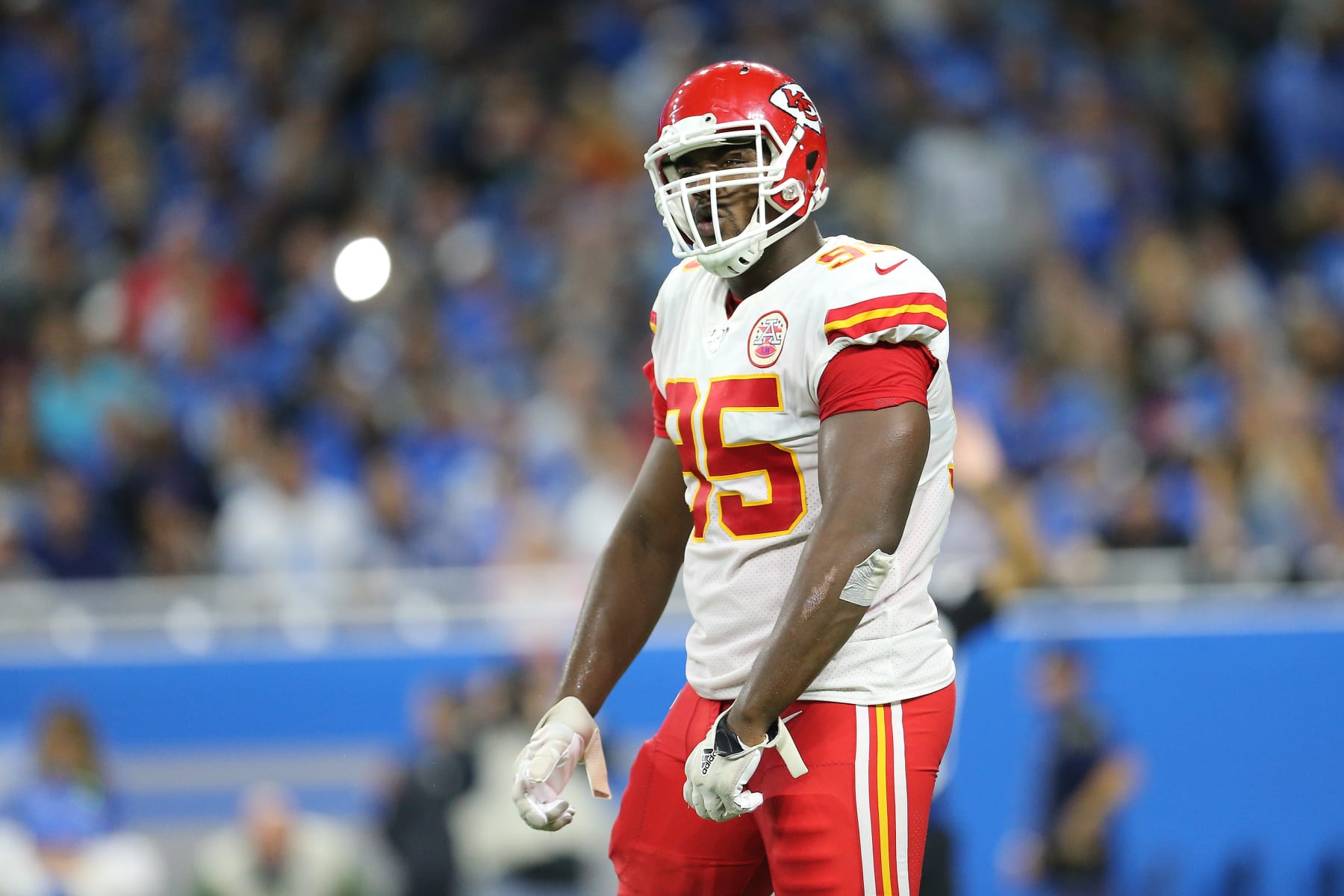 DETROIT, MI - SEPTEMBER 29: Chris Jones #95 of the Kansas City Chiefs celebrates his tackle in the third quarter against the Detroit Lions at Ford Field on September 29, 2019 in Detroit, Michigan. (Photo by Rey Del Rio/Getty Images)