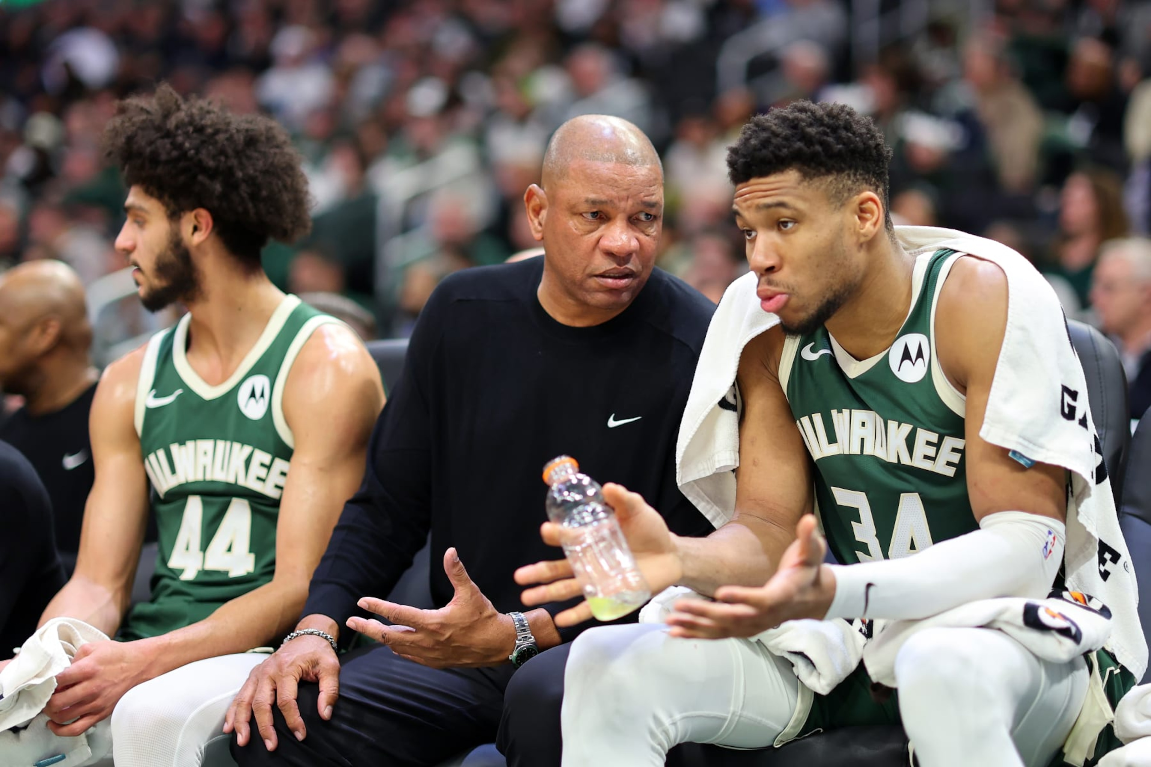 MILWAUKEE, WISCONSIN - FEBRUARY 08: Head coach Doc Rivers of the Milwaukee Bucks speaks with Giannis Antetokounmpo #34 during the second half of a game against the Minnesota Timberwolves at Fiserv Forum on February 08, 2024 in Milwaukee, Wisconsin. NOTE TO USER: User expressly acknowledges and agrees that, by downloading and or using this photograph, User is consenting to the terms and conditions of the Getty Images License Agreement. (Photo by Stacy Revere/Getty Images)