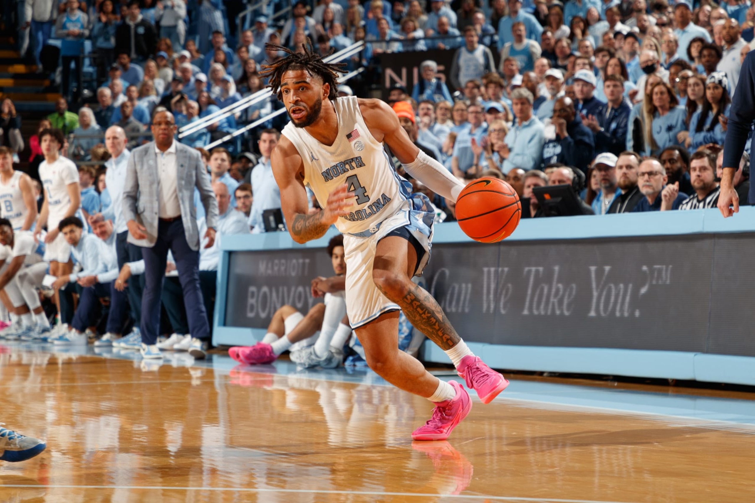 CHAPEL HILL, NC - FEBRUARY 03: RJ Davis #4 of the North Carolina Tar Heels dribbles during a game against the Duke Blue Devils at the Dean Smith Center on February 03, 2024 in Chapel Hill, North Carolina. North Carolina won 93-84. (Photo by Peyton Williams/UNC/Getty Images)