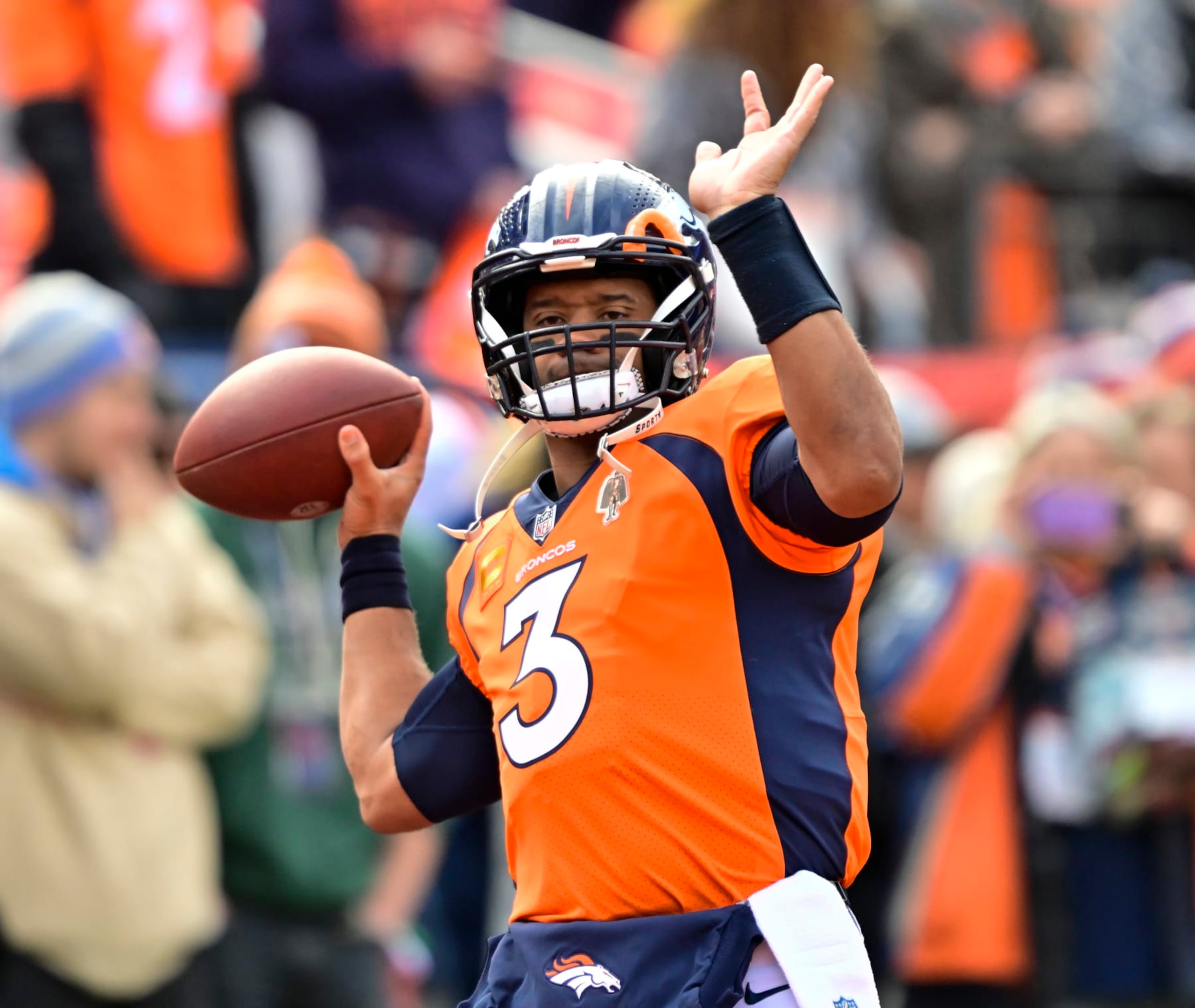 DENVER, CO - DECEMBER 31: Denver Broncos quarterback Russell Wilson (3) during warmups before the game against the Los Angeles Chargers at Empower Field at Mile High Denver, Colorado on Sunday, December 31, 2023. (Photo by Andy Cross/MediaNews Group/The Denver Post via Getty Images)