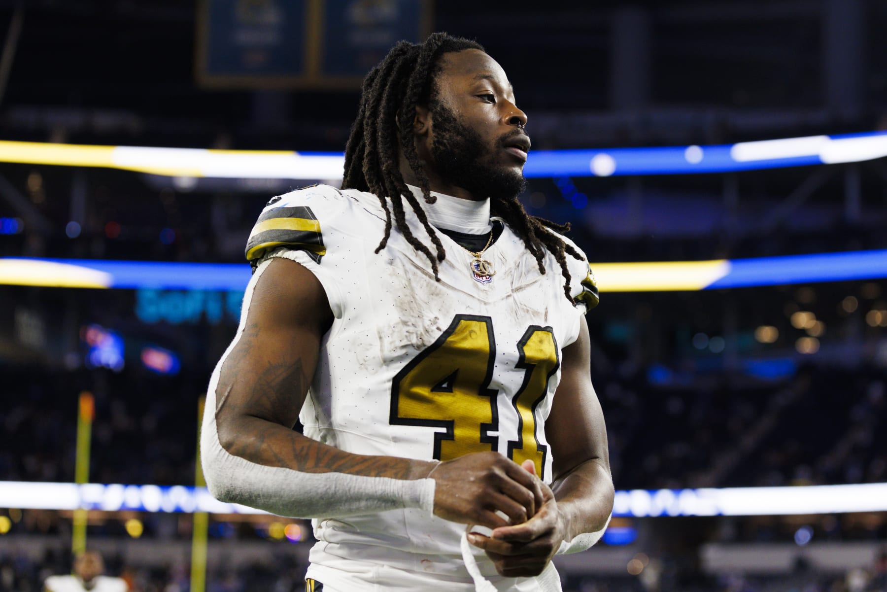 INGLEWOOD, CALIFORNIA - DECEMBER 21: Alvin Kamara #41 of the New Orleans Saints walks off the field during a game against the Los Angeles Rams at SoFi Stadium on December 21, 2023 in Inglewood, California. (Photo by Ric Tapia/Getty Images)