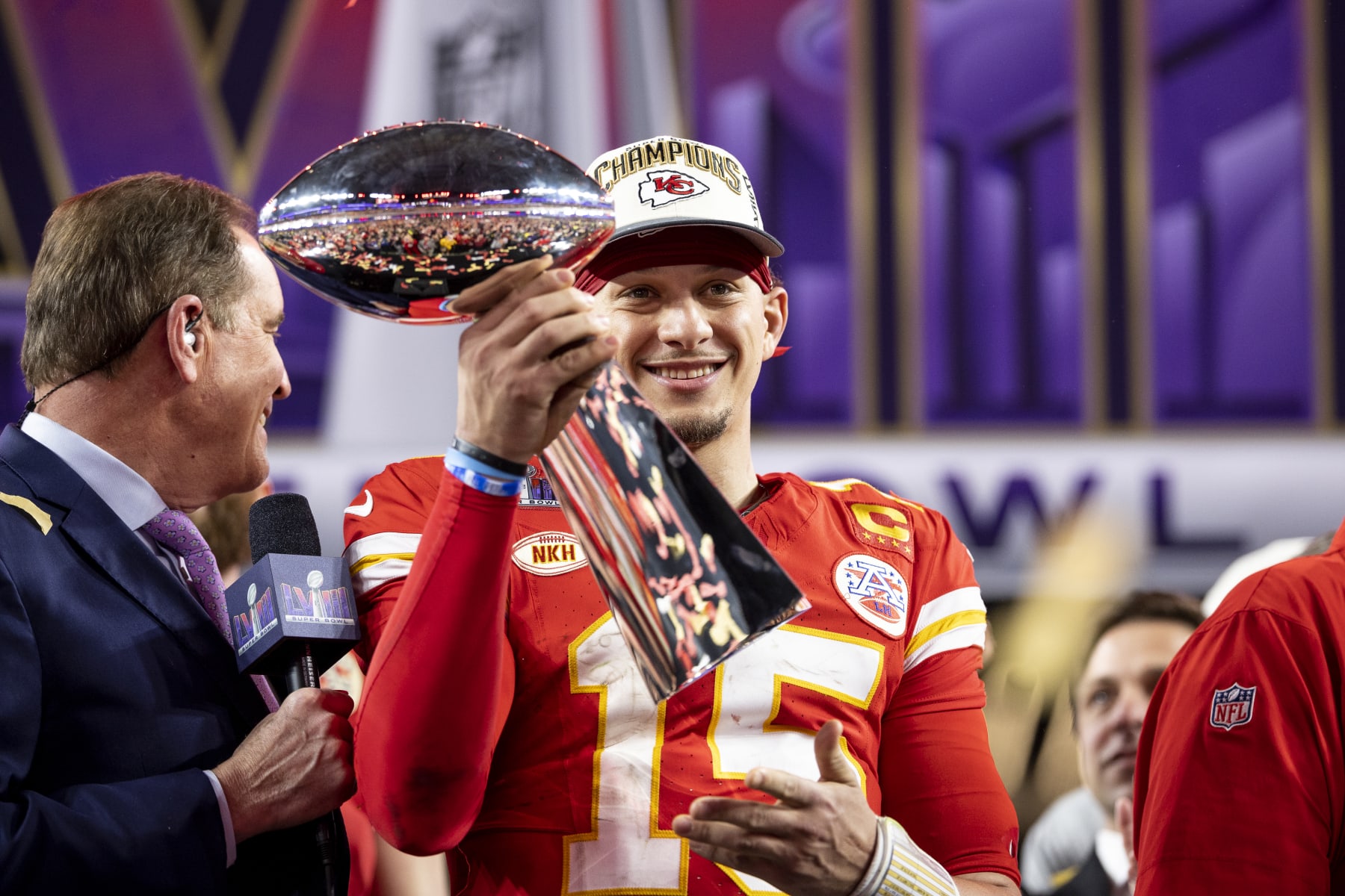 LAS VEGAS, NEVADA - FEBRUARY 11: Patrick Mahomes #15 of the Kansas City Chiefs celebrates with the Vince Lombardi Trophy following the NFL Super Bowl 58 football game between the San Francisco 49ers and the Kansas City Chiefs at Allegiant Stadium on February 11, 2024 in Las Vegas, Nevada. (Photo by Michael Owens/Getty Images)