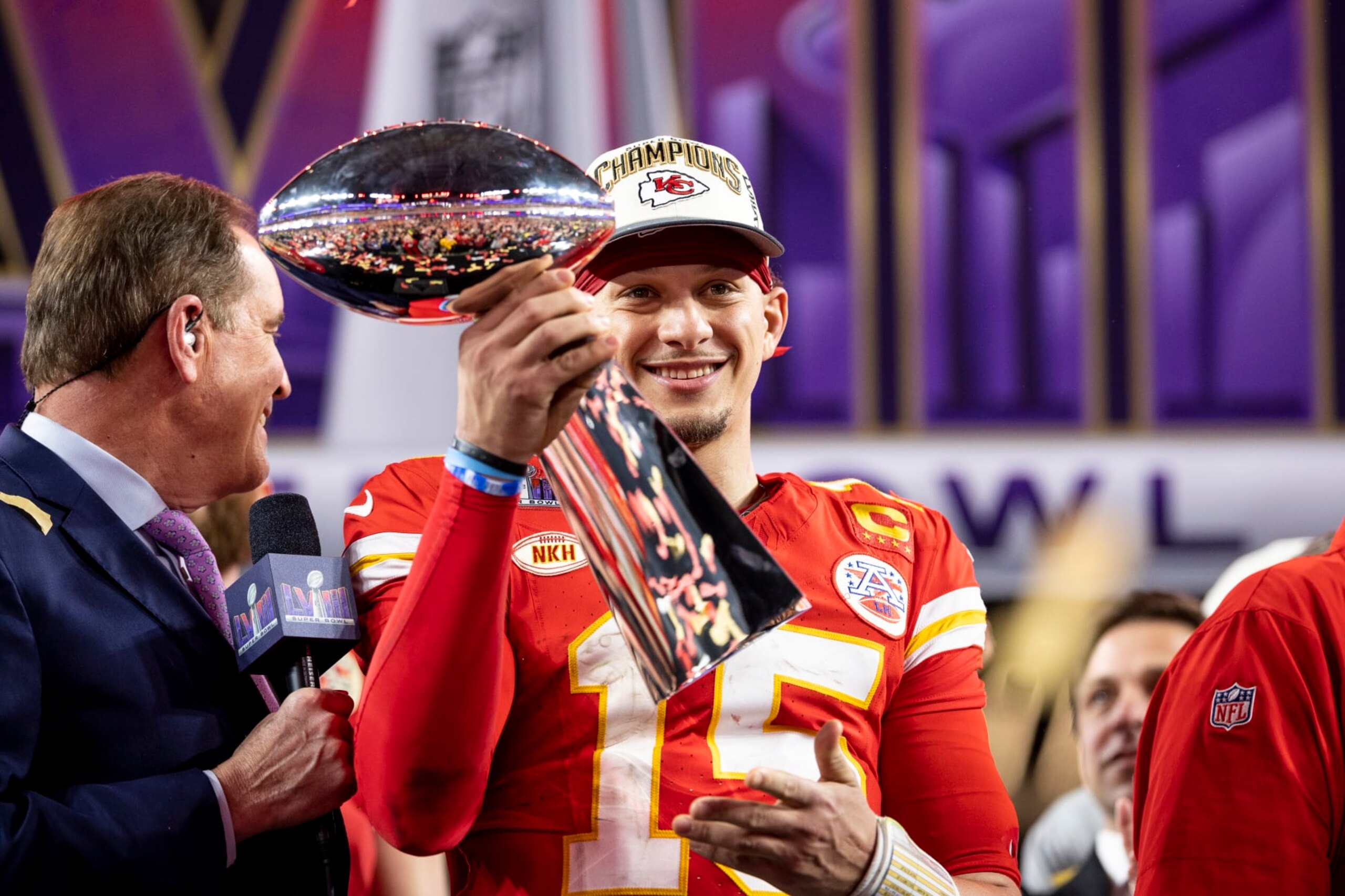 LAS VEGAS, NEVADA - FEBRUARY 11: Patrick Mahomes #15 of the Kansas City Chiefs celebrates with the Vince Lombardi Trophy following the NFL Super Bowl 58 football game between the San Francisco 49ers and the Kansas City Chiefs at Allegiant Stadium on February 11, 2024 in Las Vegas, Nevada. (Photo by Michael Owens/Getty Images)