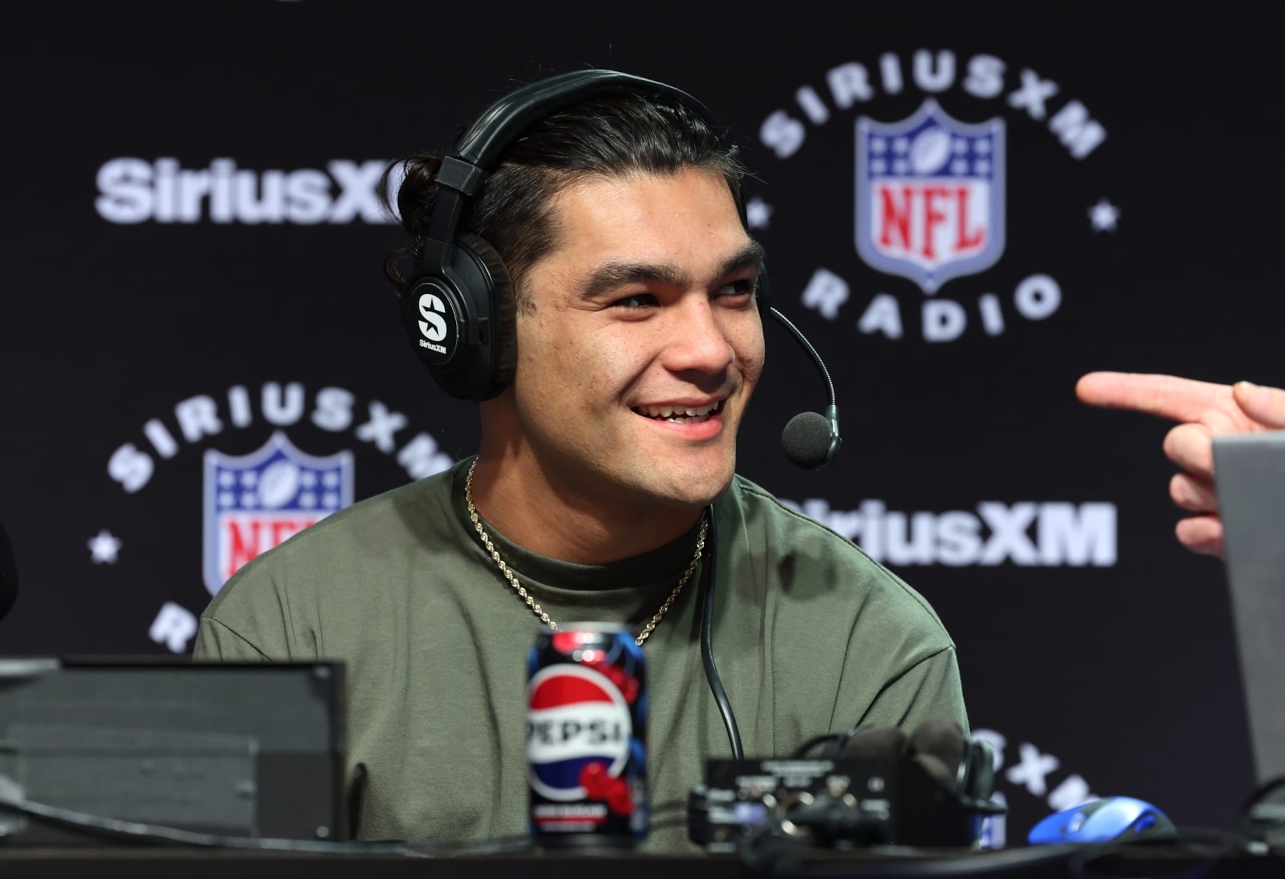 LAS VEGAS, NEVADA - FEBRUARY 08: Puka Nacua speaks on SiriusXM at Super Bowl LVIII on February 08, 2024 in Las Vegas, Nevada. (Photo by Cindy Ord/Getty Images for SiriusXM)