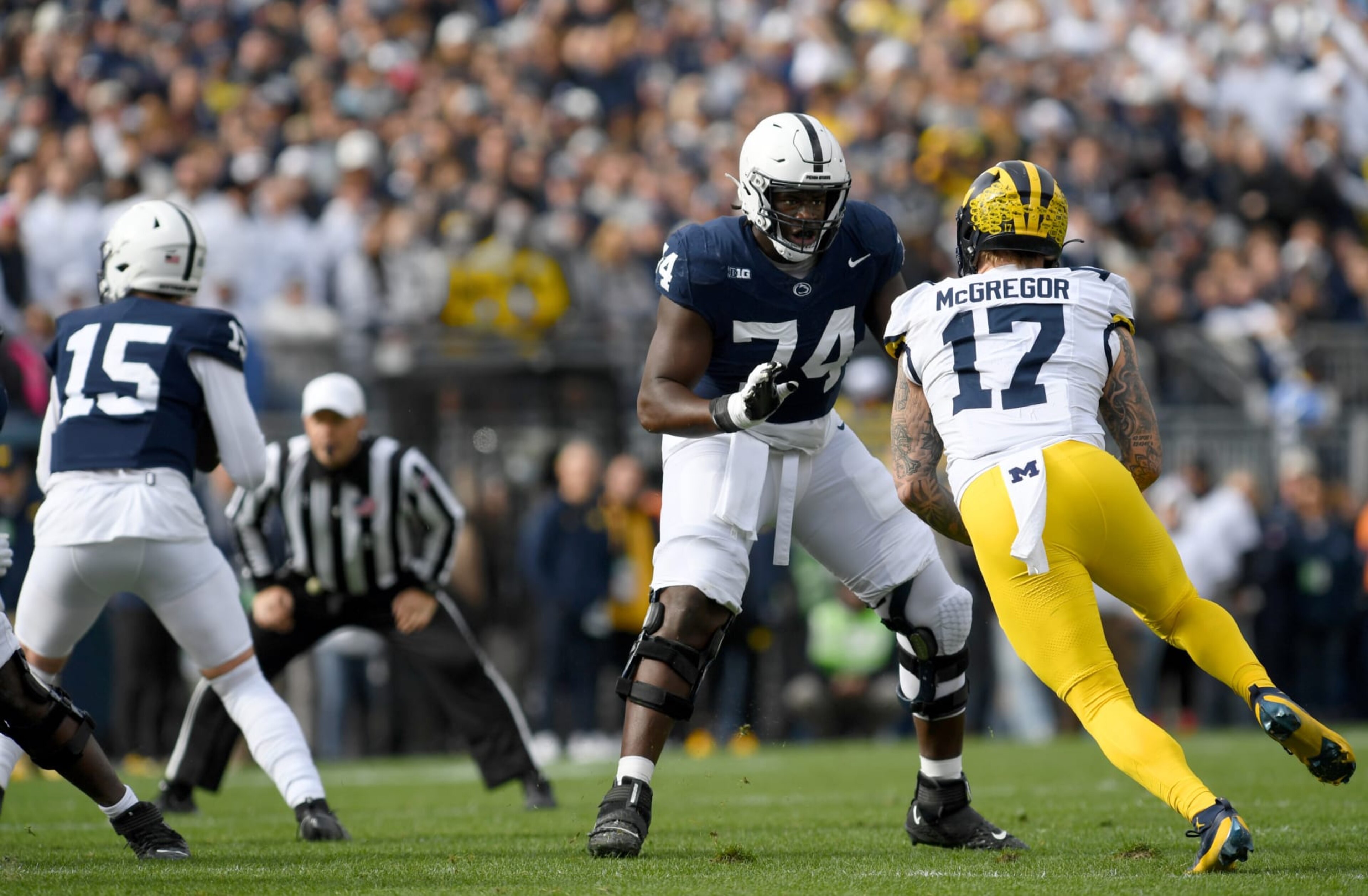 UNIVERSITY PARK, PA - NOVEMBER 11: Penn State tackle Olumuyiwa Olu Fashanu (74) pass blocks during the Michigan Wolverines versus Penn State Nittany Lions game on November 11, 2023 at Beaver Stadium in University Park, PA. (Photo by Randy Litzinger/Icon Sportswire via Getty Images) UNIVERSITY PARK, PA - NOVEMBER 11: Penn State tackle Olumuyiwa Olu Fashanu (74) pass blocks during the Michigan Wolverines versus Penn State Nittany Lions game on November 11, 2023 at Beaver Stadium in University Park, PA. (Photo by Randy Litzinger/Icon Sportswire via Getty Images)