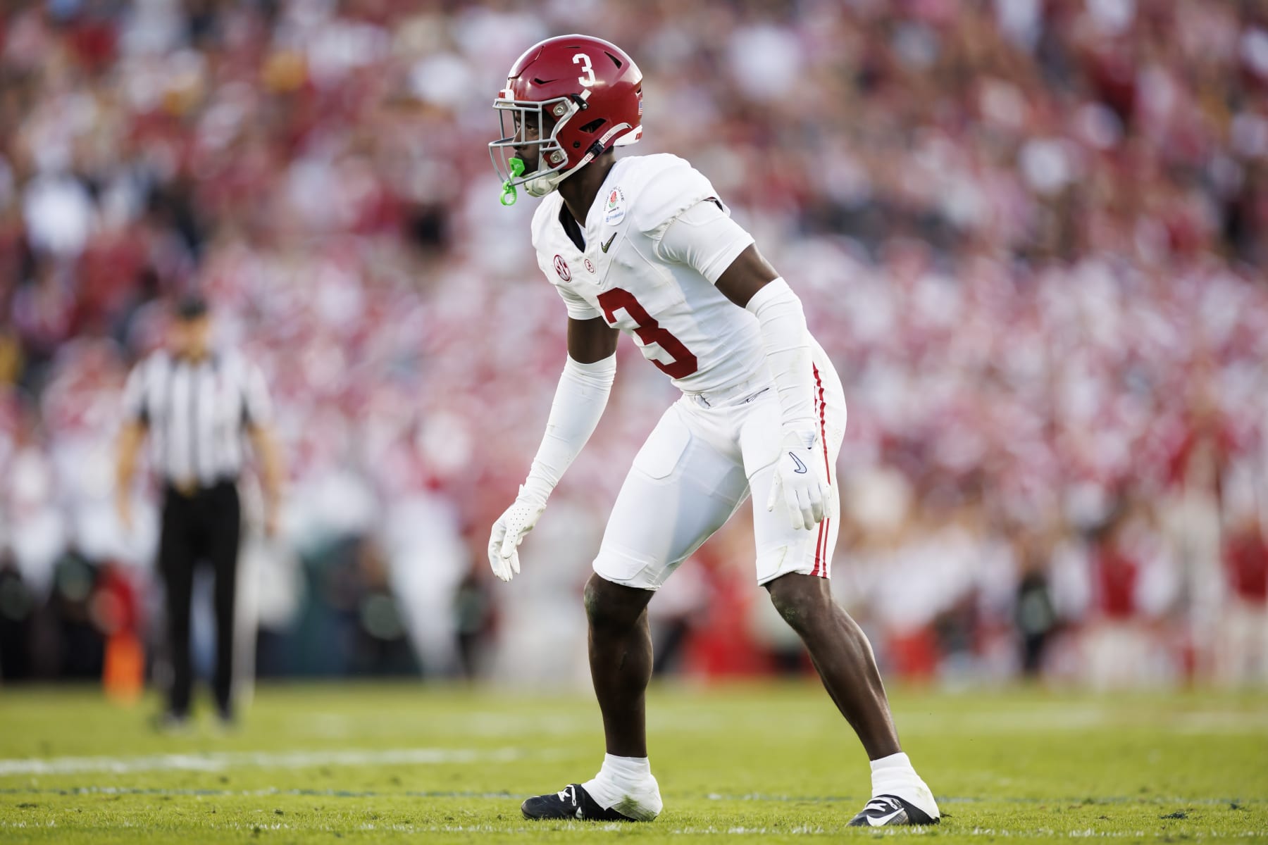 PASADENA, CALIFORNIA - JANUARY 01: Defensive back Terrion Arnold #3 of the Alabama Crimson Tide defends in coverage during the CFP Semifinal Rose Bowl Game against the Michigan Wolverines at Rose Bowl Stadium on January 1, 2024 in Pasadena, California. (Photo by Ryan Kang/Getty Images)