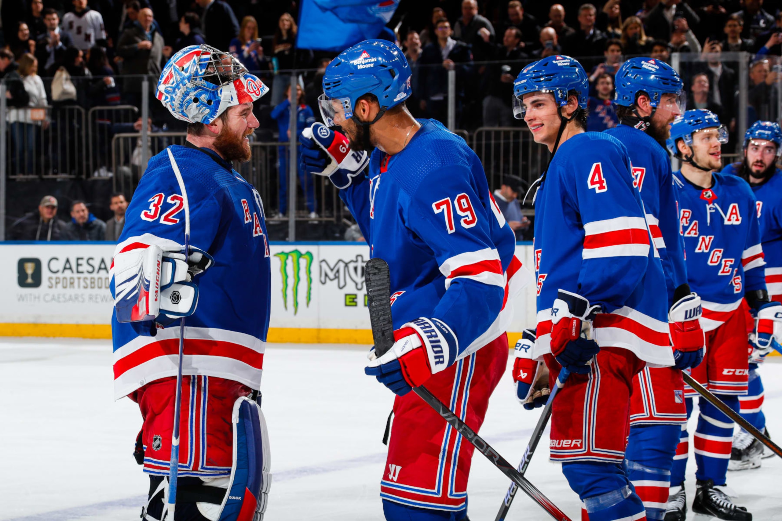 New York Rangers celebrate a win. New York Rangers celebrate a win.