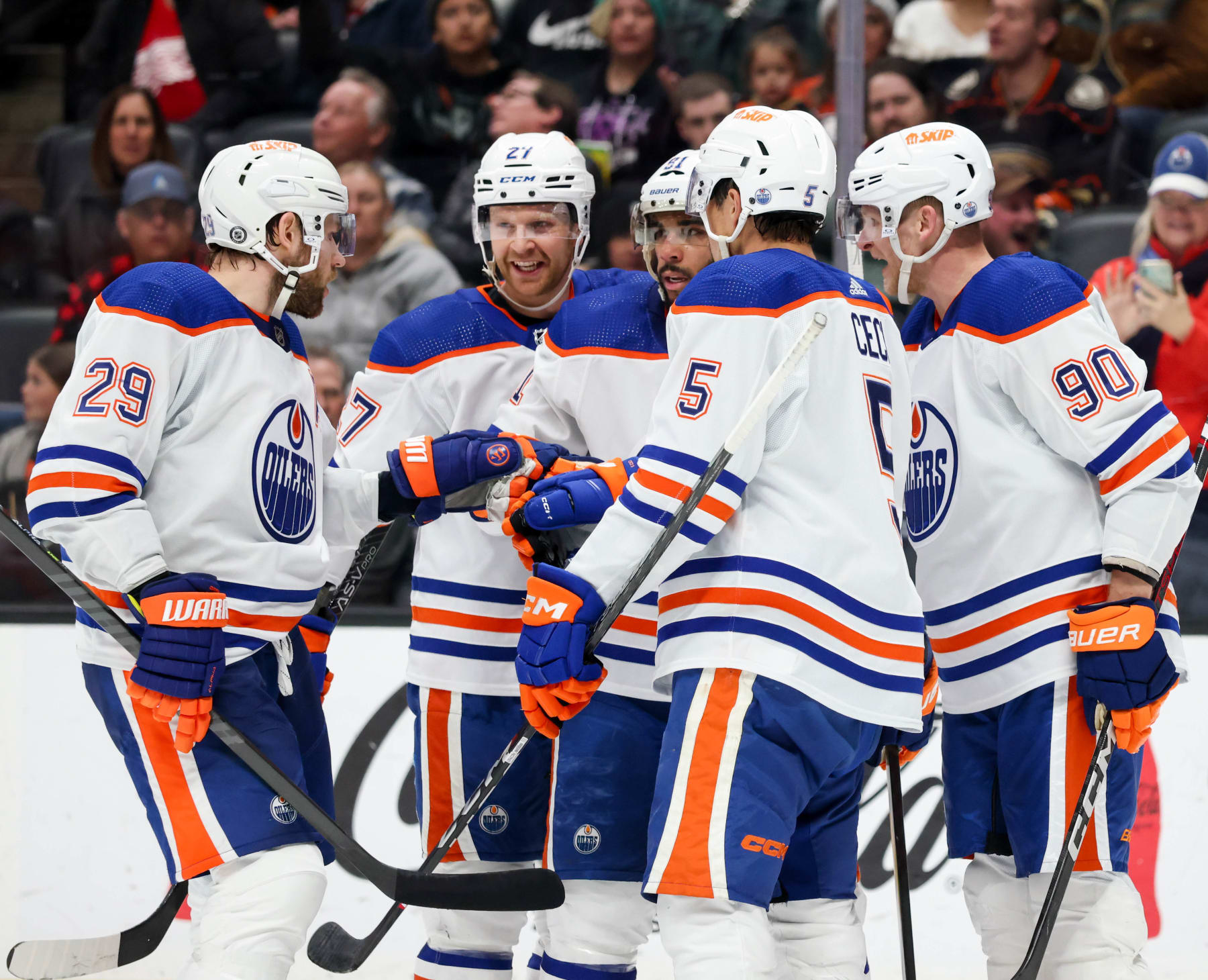 ANAHEIM, CA - FEBRUARY 9:  Evander Kane #91 of the Edmonton Oilers celebrates his goal with teammates during the second period against the Anaheim Ducks at Honda Center on February 9, 2024 in Anaheim, California. (Photo by Debora Robinson/NHLI via Getty Images)