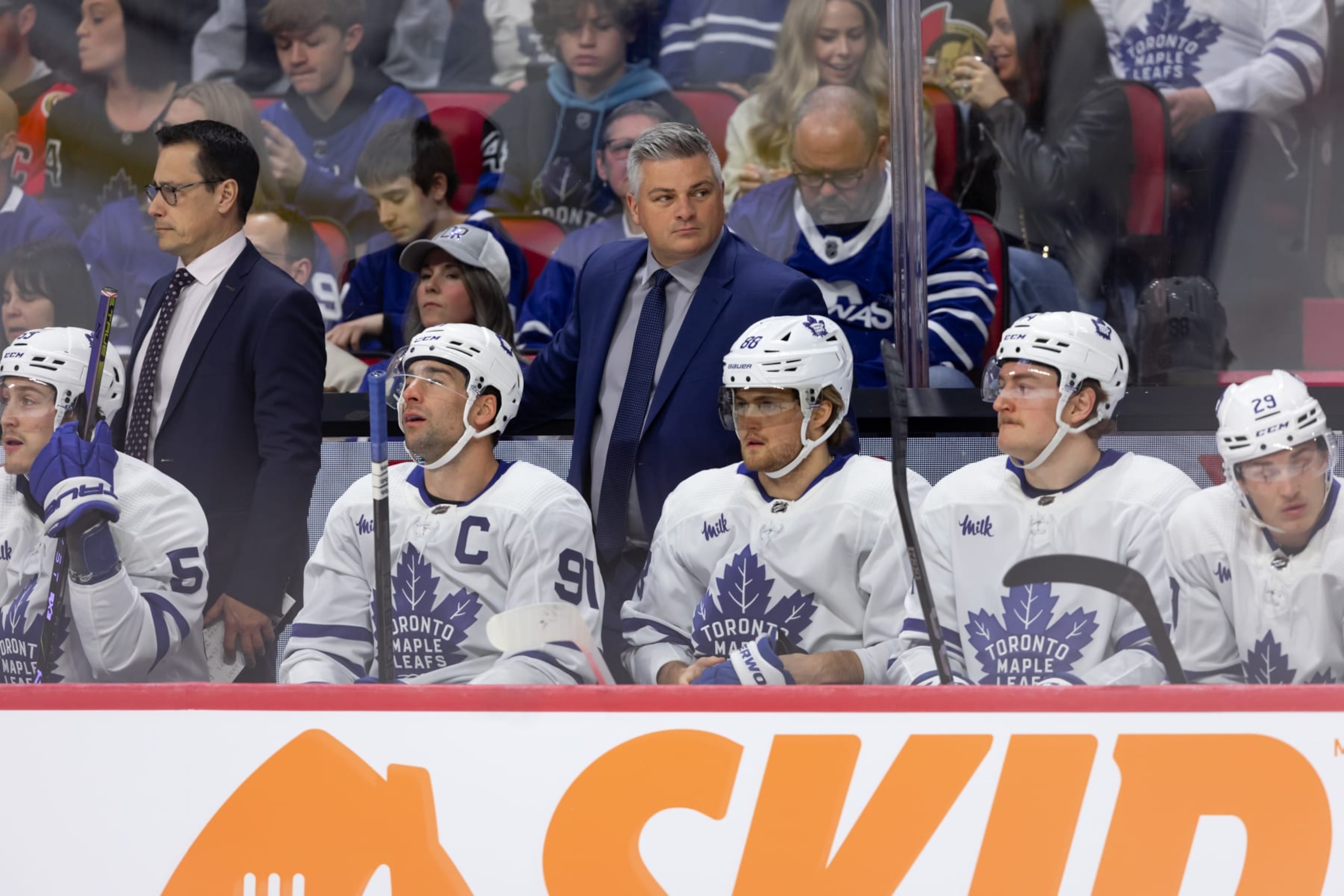 OTTAWA, ON - FEBRUARY 10: Toronto Maple Leafs Head Coach Sheldon Keefe on the bench during first period National Hockey League action between the Toronto Maple Leafs and Ottawa Senators on February 10, 2024, at Canadian Tire Centre in Ottawa, ON, Canada. (Photo by Richard A. Whittaker/Icon Sportswire via Getty Images) OTTAWA, ON - FEBRUARY 10: Toronto Maple Leafs Head Coach Sheldon Keefe on the bench during first period National Hockey League action between the Toronto Maple Leafs and Ottawa Senators on February 10, 2024, at Canadian Tire Centre in Ottawa, ON, Canada. (Photo by Richard A. Whittaker/Icon Sportswire via Getty Images)