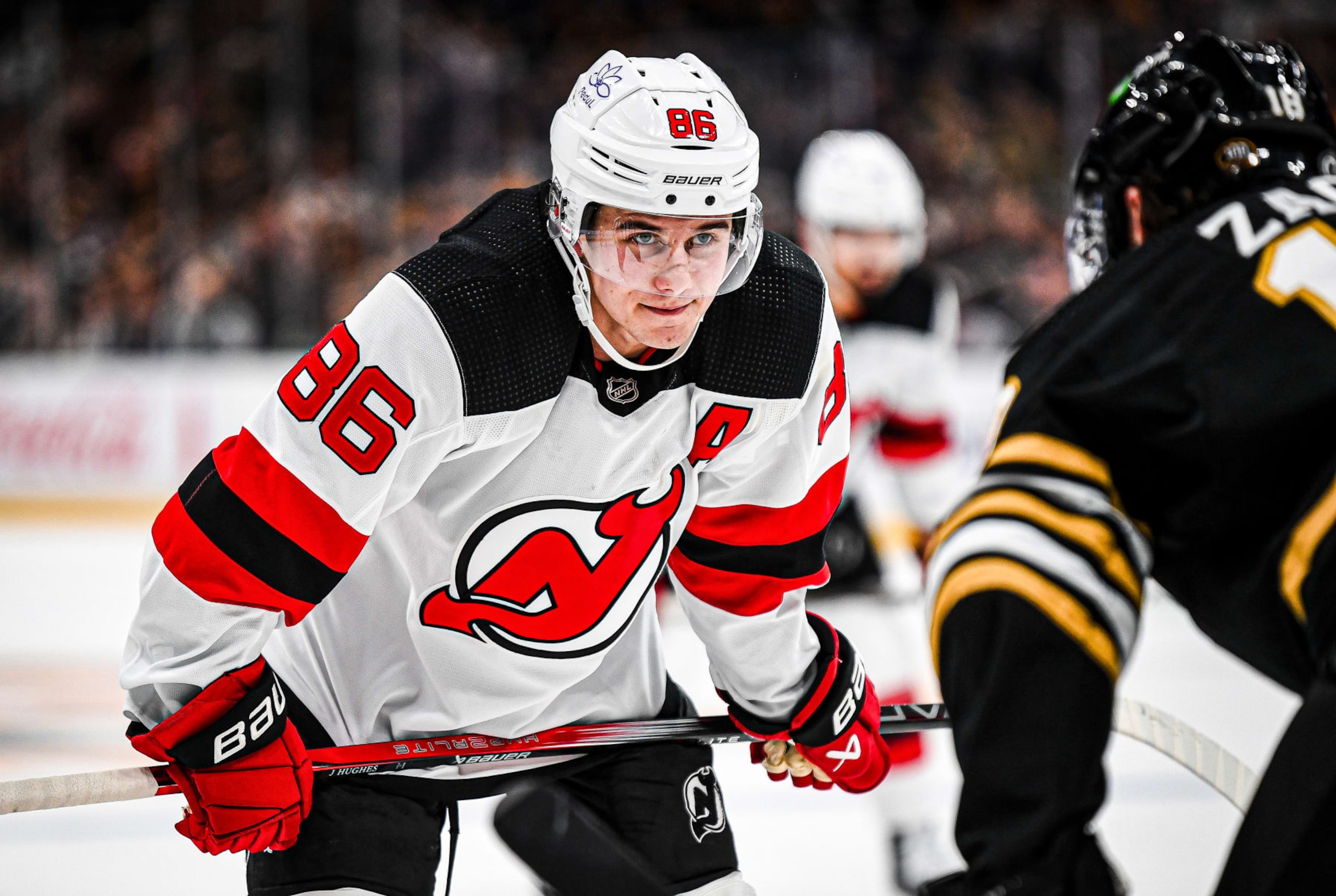 BOSTON, MASSACHUSETTS - DECEMBER 30: Jack Hughes #86 of the New Jersey Devils prepares for a face-off during the second period against the Boston Bruins at TD Garden on December 30, 2023 in Boston, Massachusetts. (Photo by China Wong/NHLI via Getty Images) BOSTON, MASSACHUSETTS - DECEMBER 30: Jack Hughes #86 of the New Jersey Devils prepares for a face-off during the second period against the Boston Bruins at TD Garden on December 30, 2023 in Boston, Massachusetts. (Photo by China Wong/NHLI via Getty Images)