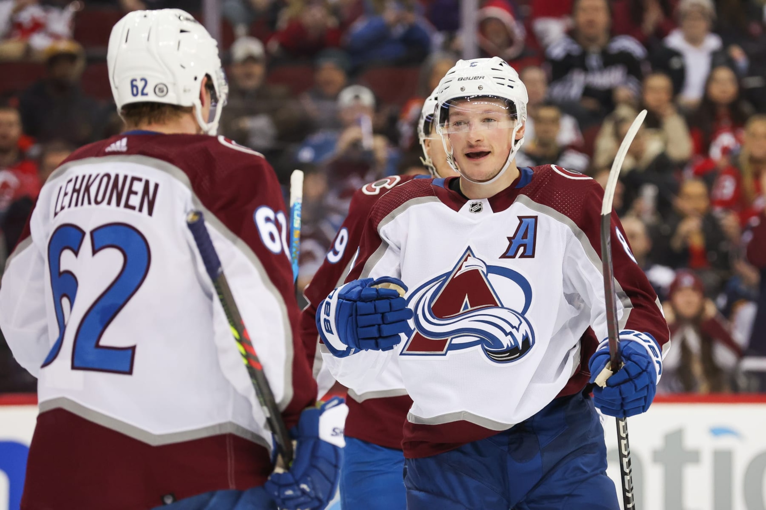 NEWARK, NJ - FEBRUARY 06: Colorado Avalanche defenseman Cale Makar (8) celebrates with Colorado Avalanche left wing Artturi Lehkonen (62) after scoring a goal during a game between the Colorado Avalanche and New Jersey Devils on February 06, 2024 at Prudential Center in the Newark, New Jersey. (Photo by Andrew Mordzynski/Icon Sportswire via Getty Images) NEWARK, NJ - FEBRUARY 06: Colorado Avalanche defenseman Cale Makar (8) celebrates with Colorado Avalanche left wing Artturi Lehkonen (62) after scoring a goal during a game between the Colorado Avalanche and New Jersey Devils on February 06, 2024 at Prudential Center in the Newark, New Jersey. (Photo by Andrew Mordzynski/Icon Sportswire via Getty Images)
