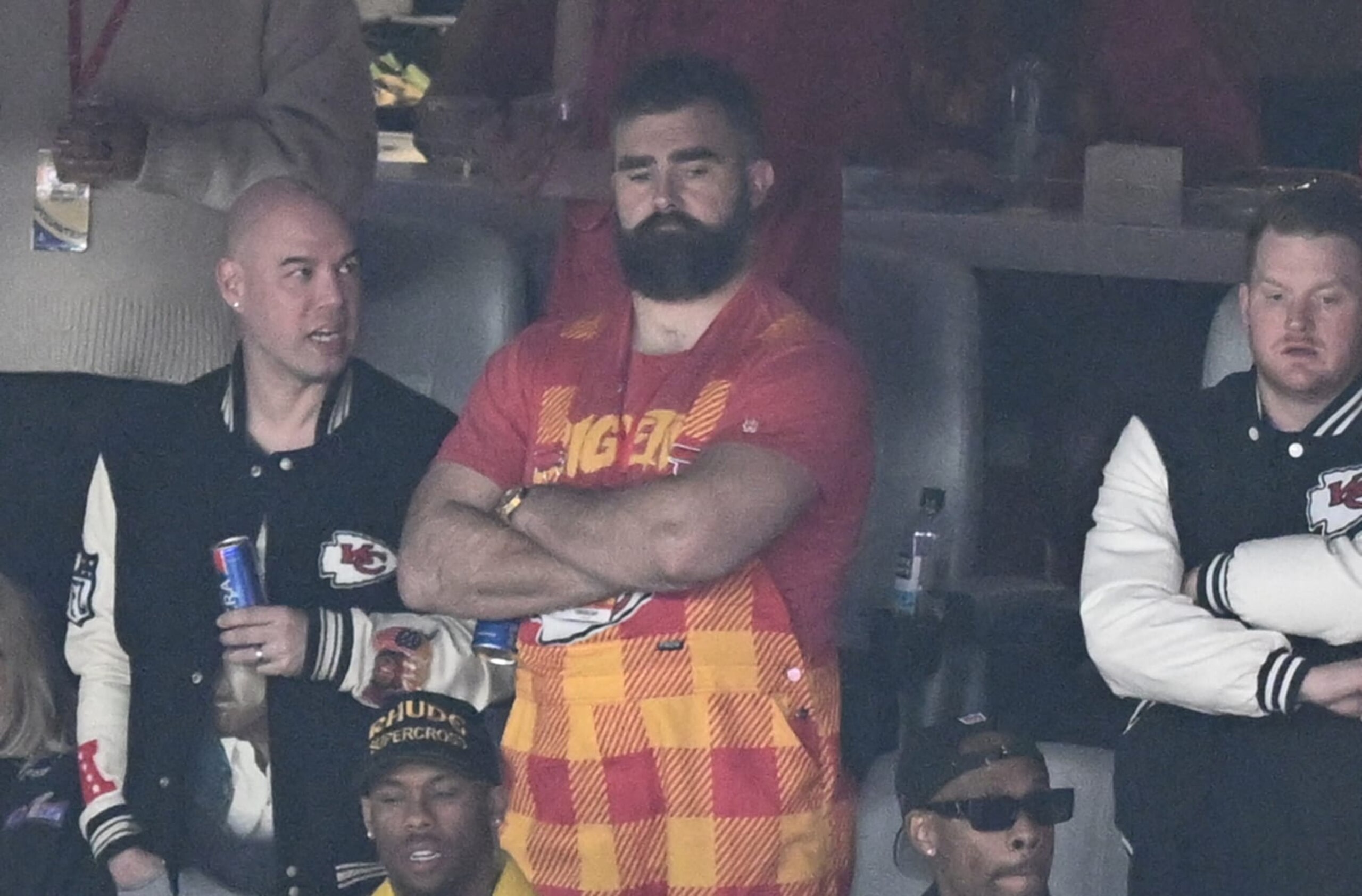 Philadelphia Eagles' center Jason Kelce watches Super Bowl LVIII between the Kansas City Chiefs and the San Francisco 49ers at Allegiant Stadium in Las Vegas, Nevada, February 11, 2024. (Photo by Patrick T. Fallon / AFP) (Photo by PATRICK T. FALLON/AFP via Getty Images)