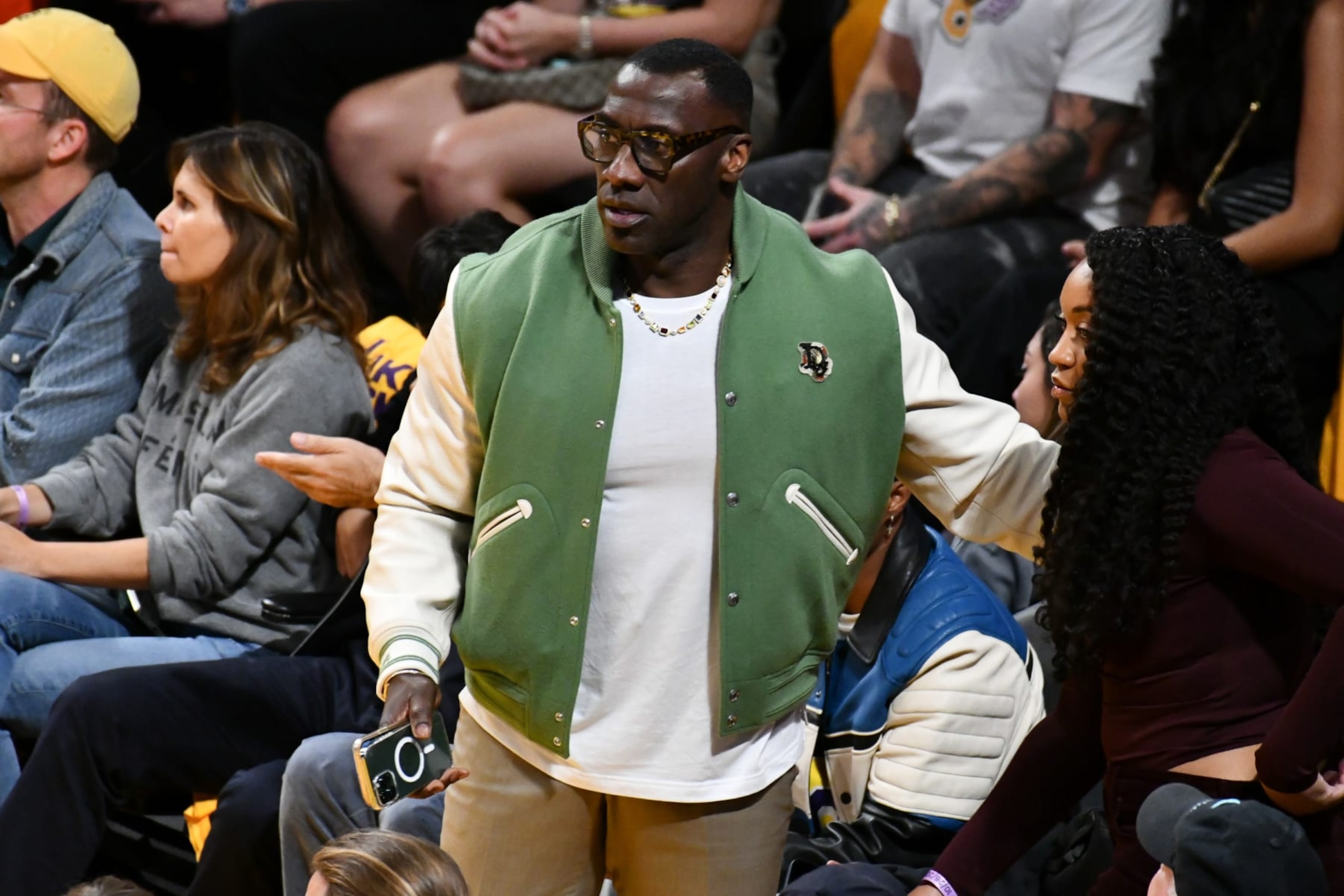 LOS ANGELES, CALIFORNIA - OCTOBER 26: Shannon Sharpeattends a basketball game between the Los Angeles Lakers and the Phoenix Suns at Crypto.com Arena on October 26, 2023 in Los Angeles, California. NOTE TO USER: User expressly acknowledges and agrees that, by downloading and or using this photograph, User is consenting to the terms and conditions of the Getty Images License Agreement.  (Photo by Allen Berezovsky/Getty Images)