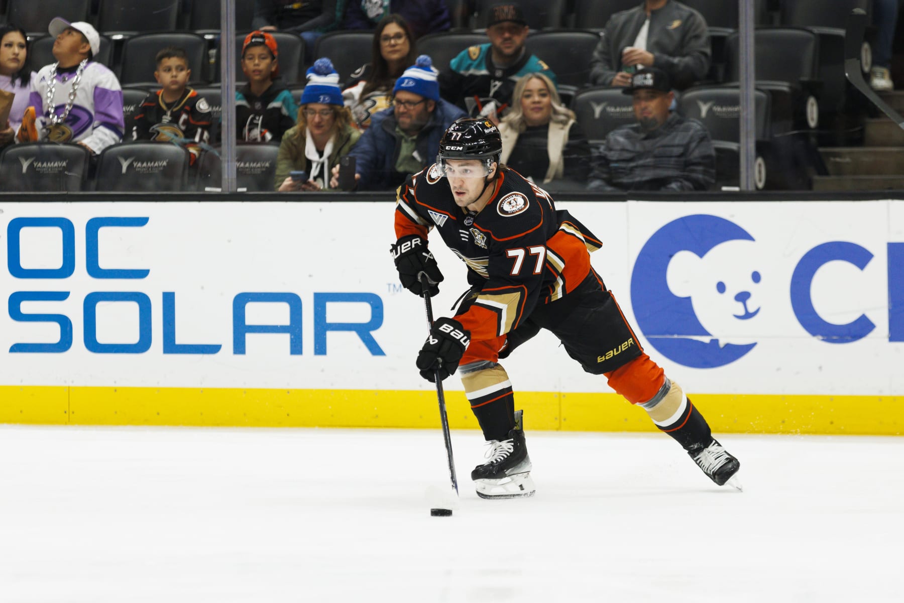 ANAHEIM, CA - NOVEMBER 17: Anaheim Ducks right wing Frank Vatrano (77) skates with the puck during an NHL hockey game against the Florida Panthers on November 17, 2023 at Honda Center in Anaheim, CA. (Photo by Ric Tapia/Icon Sportswire via Getty Images)