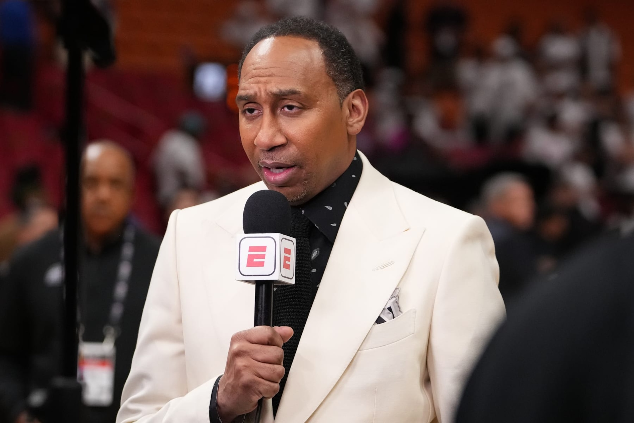 MIAMI, FL - JUNE 7:  Stephen A. Smith during Game Three of the 2023 NBA Finals between the Denver Nuggets and the Miami Heat on June 7, 2023 at Kaseya Center in Miami, Florida. NOTE TO USER: User expressly acknowledges and agrees that, by downloading and or using this Photograph, user is consenting to the terms and conditions of the Getty Images License Agreement. Mandatory Copyright Notice: Copyright 2023 NBAE (Photo by Eric Espada/NBAE via Getty Images)