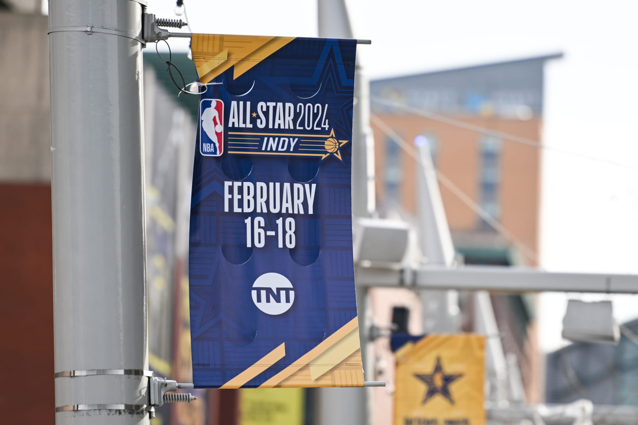INDIANAPOLIS, IN - FEBRUARY 10: 2024 NBA All-Star game signage displayed on a pole prior to the 2024 NBA All-Star game at Gainbridge Fieldhouse on February 10, 2024 in Indianapolis, IN. (Photo by James Black/Icon Sportswire via Getty Images)