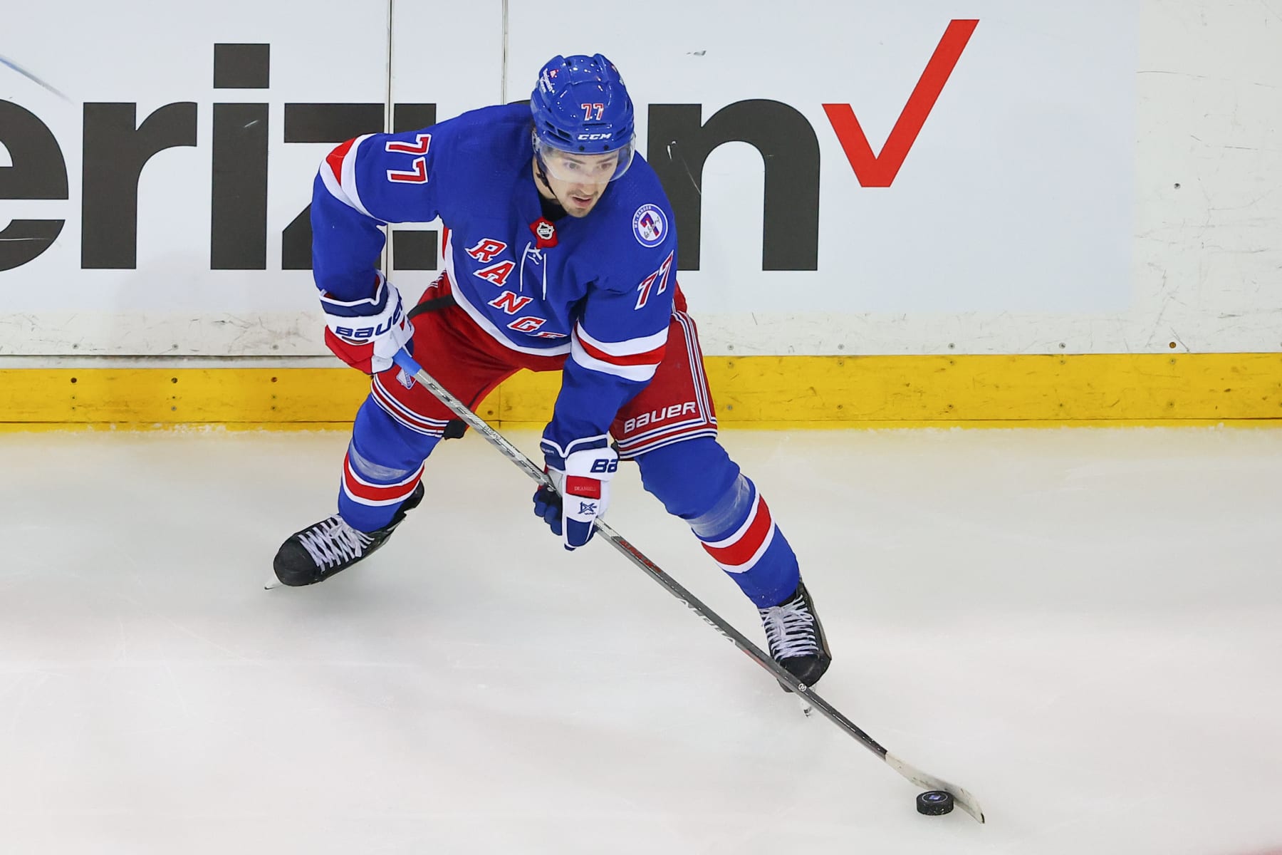NEW YORK, NY - JUNE 09: New York Rangers center Frank Vatrano (77) controls the puck during the third period of  Game 5 of the Eastern Conference Finals between the New York Rangers and the Tampa Bay Lightning on June 9, 2022 at Madison Square Garden in New York City, New York.  (Photo by Rich Graessle/Icon Sportswire via Getty Images)