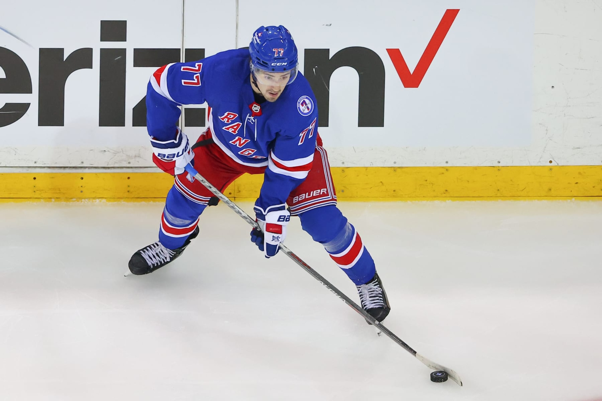 NEW YORK, NY - JUNE 09: New York Rangers center Frank Vatrano (77) controls the puck during the third period of Game 5 of the Eastern Conference Finals between the New York Rangers and the Tampa Bay Lightning on June 9, 2022 at Madison Square Garden in New York City, New York. (Photo by Rich Graessle/Icon Sportswire via Getty Images) NEW YORK, NY - JUNE 09: New York Rangers center Frank Vatrano (77) controls the puck during the third period of Game 5 of the Eastern Conference Finals between the New York Rangers and the Tampa Bay Lightning on June 9, 2022 at Madison Square Garden in New York City, New York. (Photo by Rich Graessle/Icon Sportswire via Getty Images)
