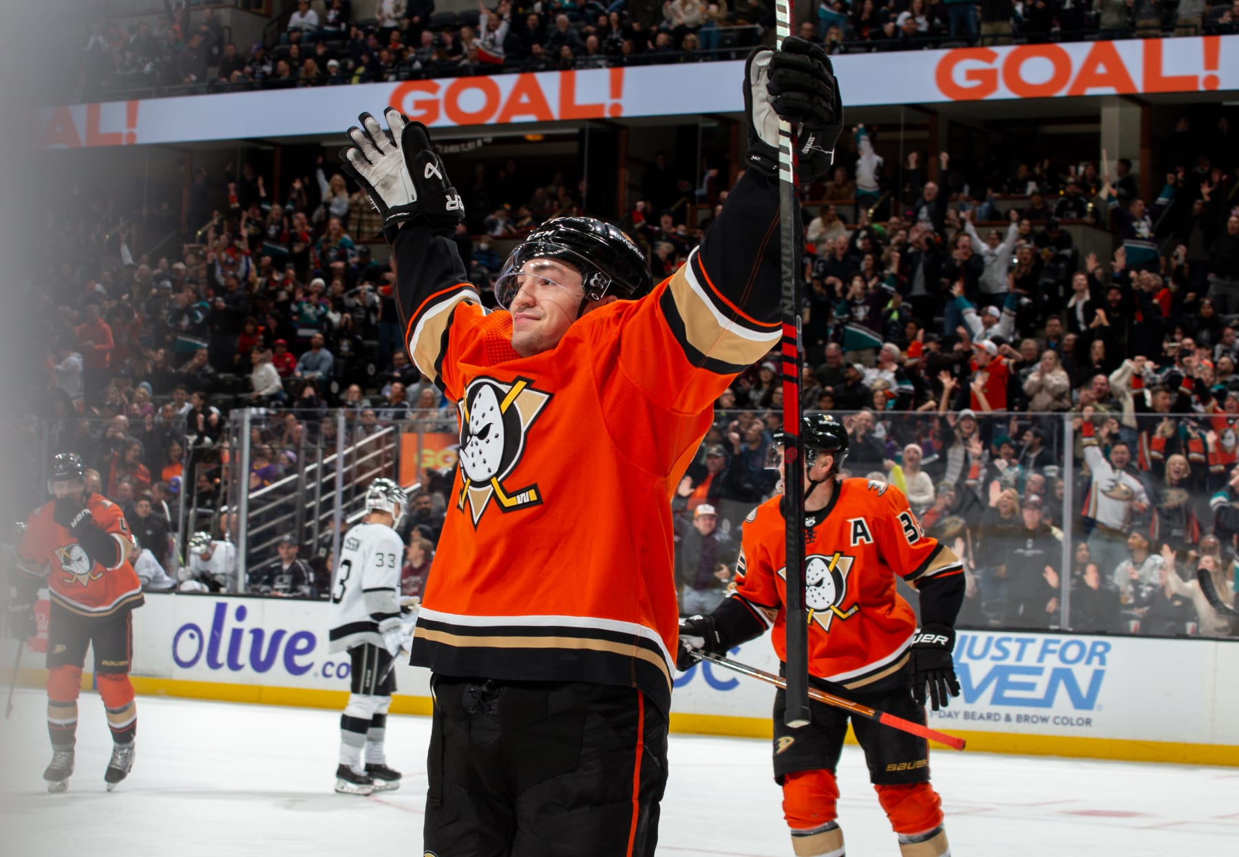 ANAHEIM, CA - FEBRUARY 17: Frank Vatrano #77 of the Anaheim Ducks celebrates his third-period goal during the game against the Los Angeles Kings at Honda Center on February 17, 2023 in Anaheim, California. (Photo by Debora Robinson/NHLI via Getty Images)