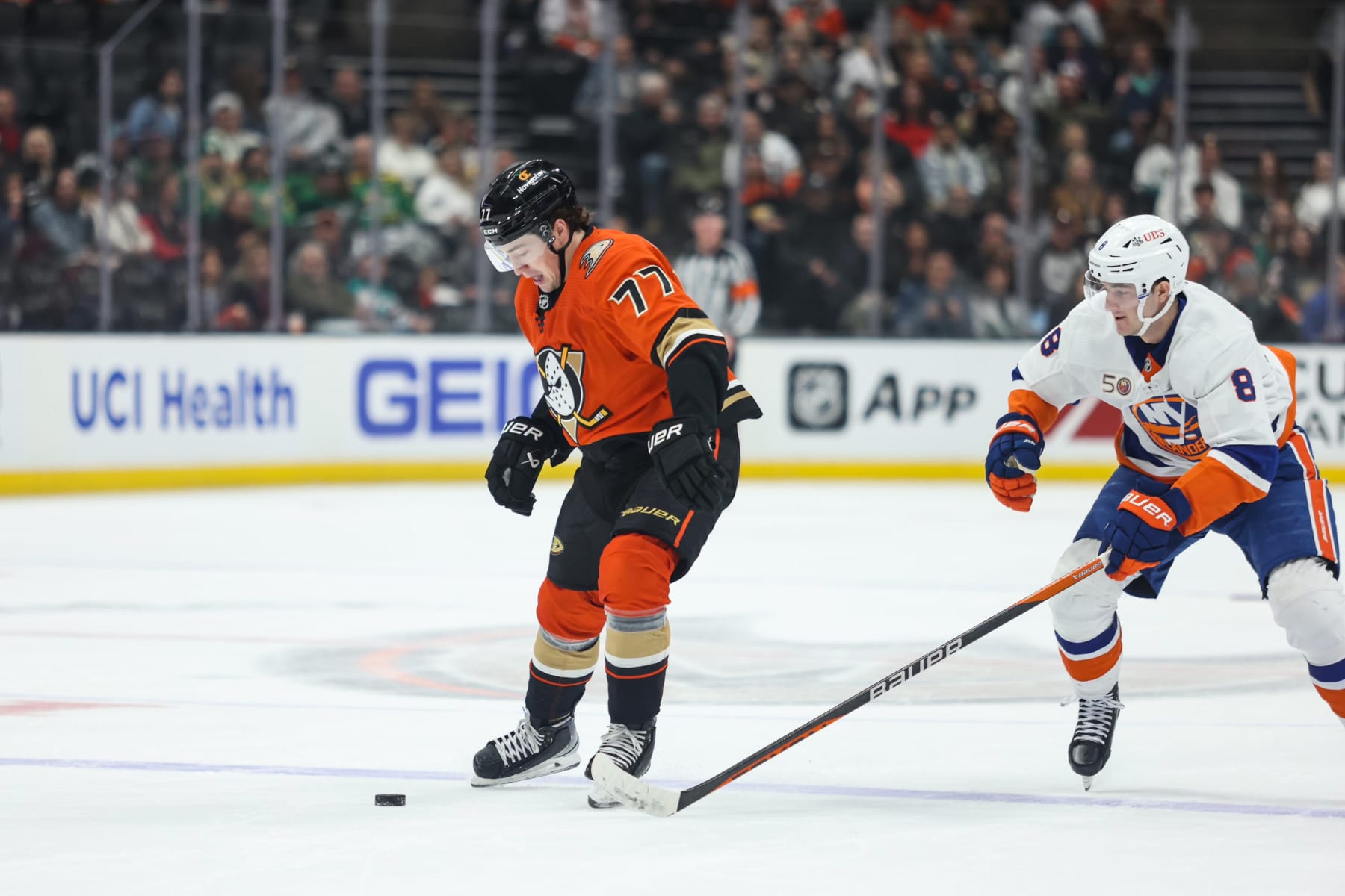 ANAHEIM, CALIFORNIA - MARCH 15: Frank Vatrano #77 of the Anaheim Ducks controls the puck with his skate during the first period against the New York Islanders at Honda Center on March 15, 2023 in Anaheim, California. (Photo by Nicole Vasquez/NHLI via Getty Images)