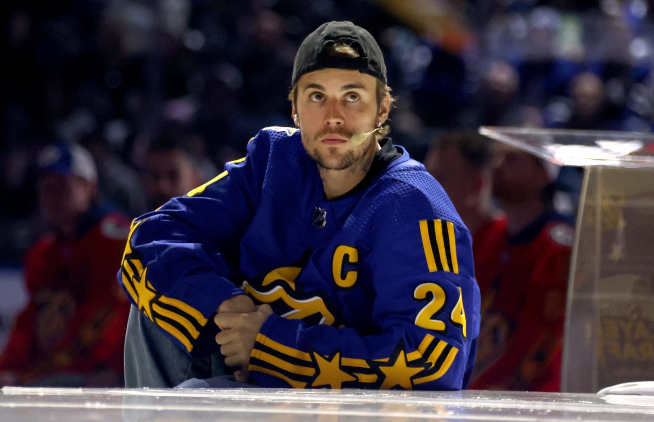 TORONTO, ONTARIO - FEBRUARY 01: Justin Bieber participates in the Tim Horton's NHL All-Star Player Draft at Scotiabank Arena on February 01, 2024 in Toronto, Ontario. (Photo by Dave Sandford/NHLI via Getty Images)