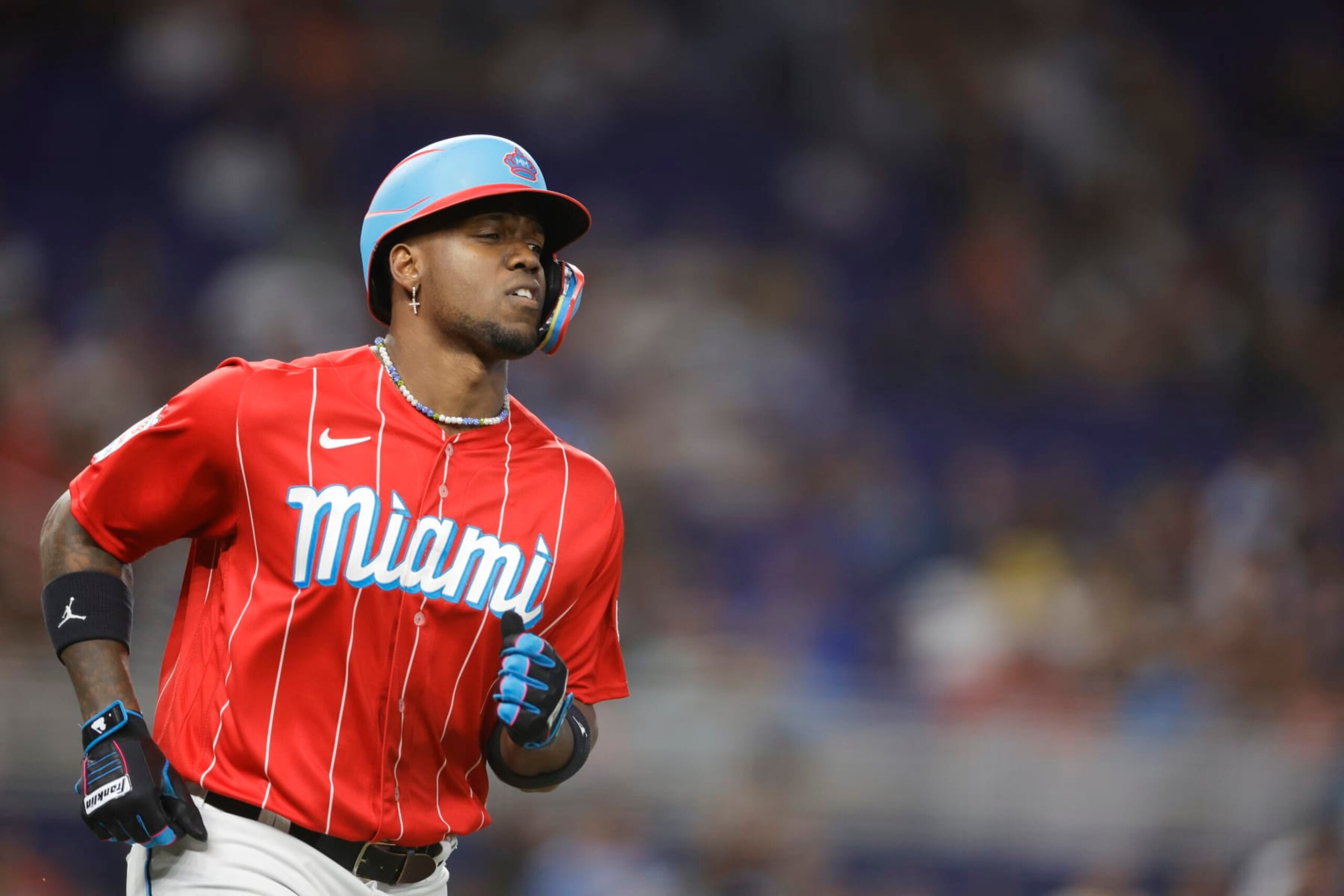 MIAMI, FLORIDA - SEPTEMBER 23: Jorge Soler #12 of the Miami Marlins singles during the third inning against the Milwaukee Brewers at loanDepot park on September 23, 2023 in Miami, Florida. (Photo by Carmen Mandato/Getty Images)