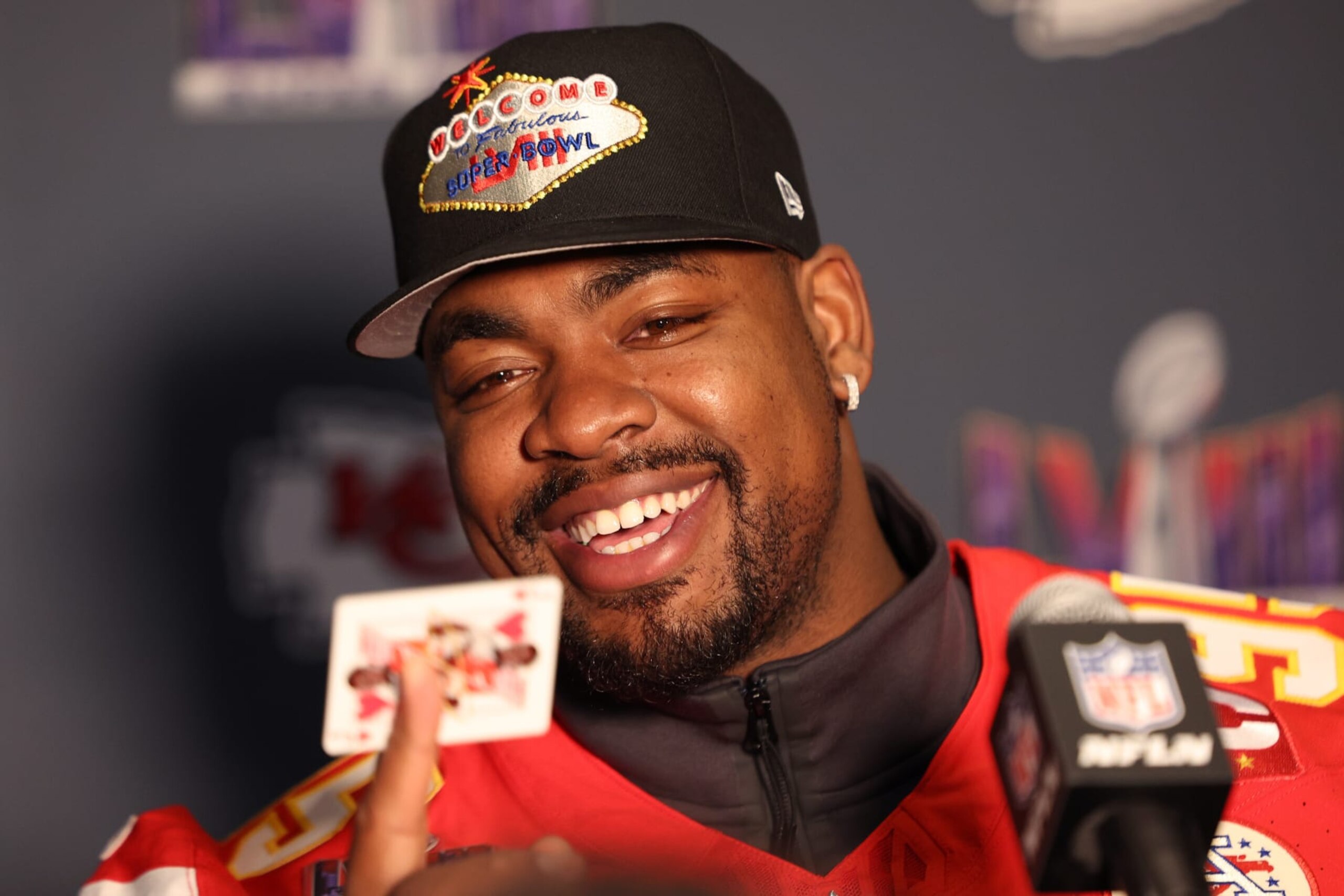 HENDERSON, NEVADA - FEBRUARY 07: Chris Jones #95 of the Kansas City Chiefs speaks to the media during Kansas City Chiefs media availability ahead of Super Bowl LVIII at Westin Lake Las Vegas Resort and Spa on February 07, 2024 in Henderson, Nevada. (Photo by Jamie Squire/Getty Images)