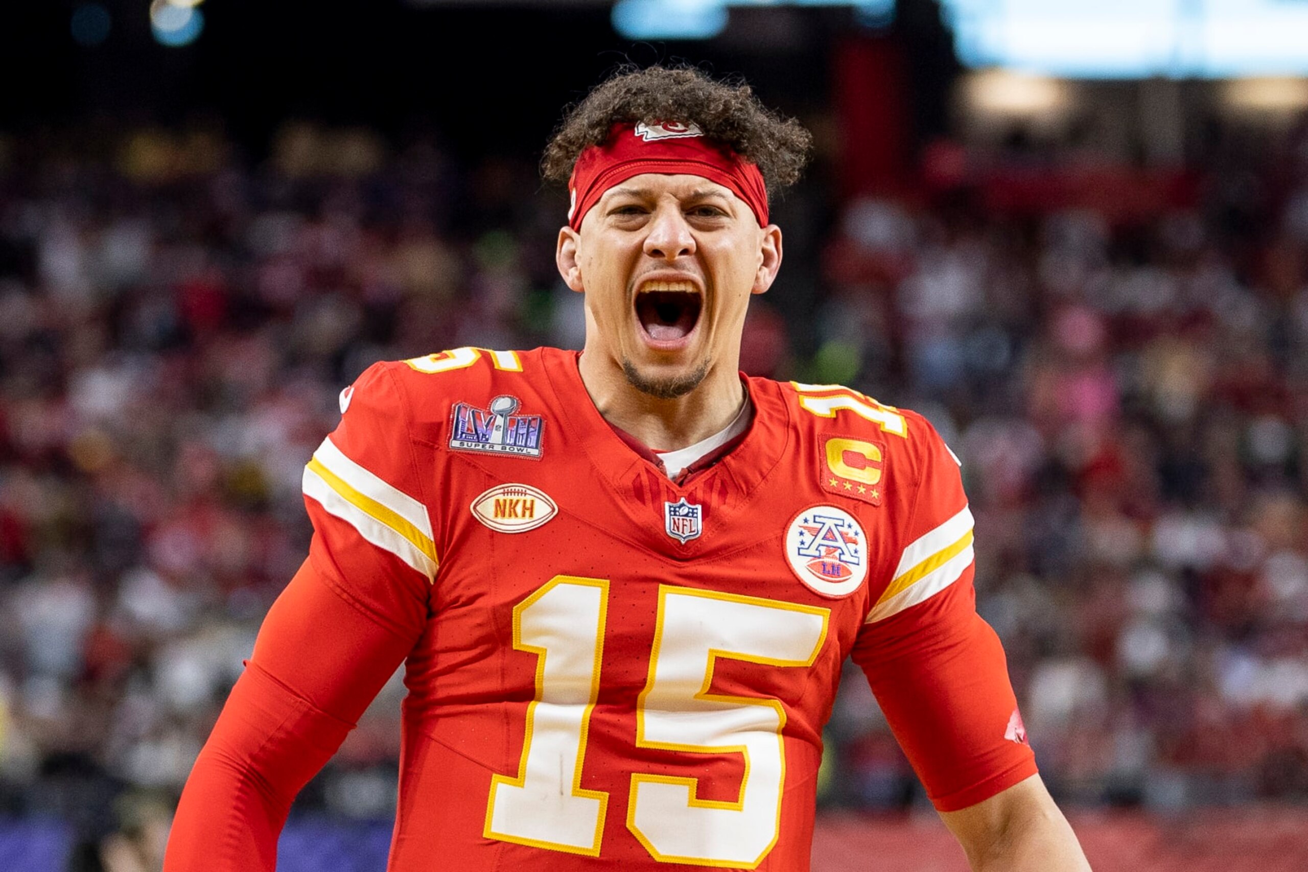 LAS VEGAS, NEVADA - FEBRUARY 11: Patrick Mahomes #15 of the Kansas City Chiefs reacts prior to the NFL Super Bowl 58 football game between the San Francisco 49ers and the Kansas City Chiefs at Allegiant Stadium on February 11, 2024 in Las Vegas, Nevada. (Photo by Michael Owens/Getty Images)