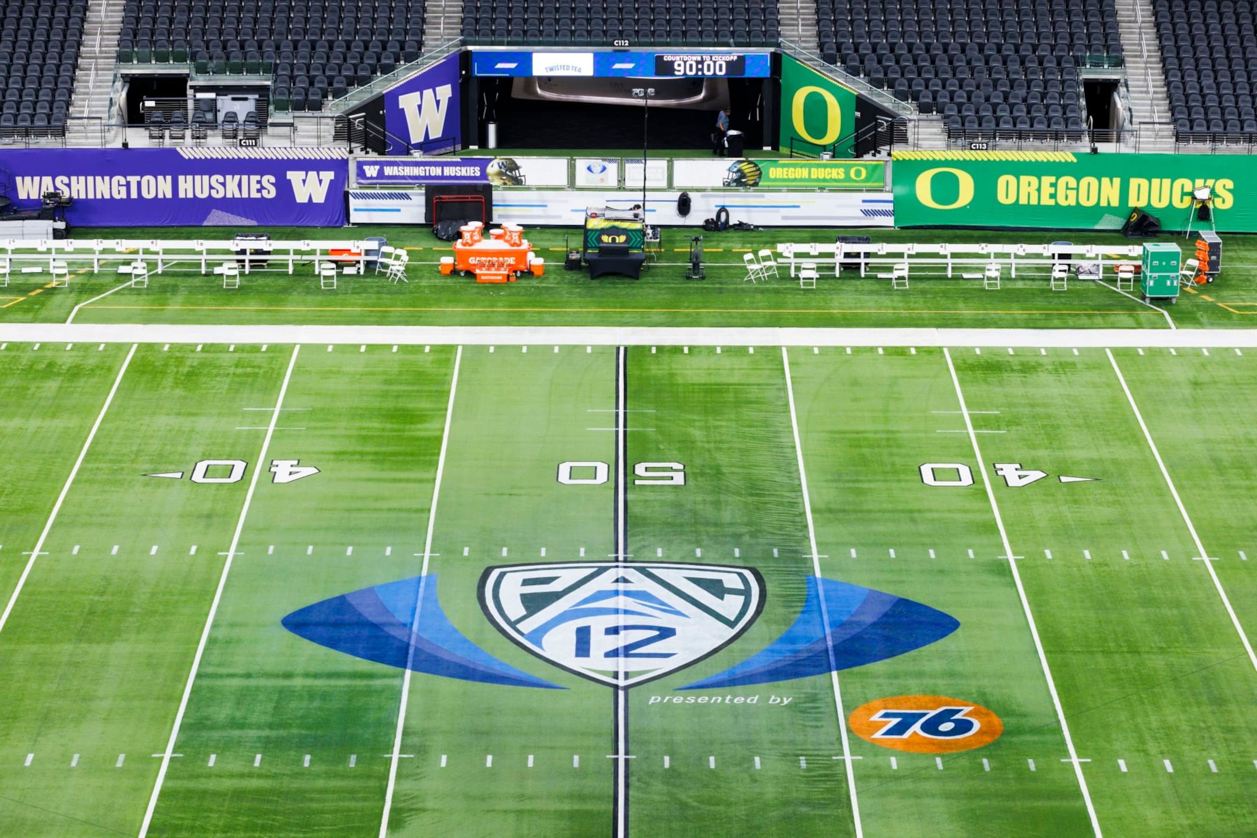 LAS VEGAS, NEVADA - DECEMBER 1: Detail view of a Pac-12, Washington and Oregon logos on the field from an elevated position before the Pac-12 Championship at Allegiant Stadium on December 1, 2023 in Las Vegas, Nevada. (Photo by Ric Tapia/Getty Images) LAS VEGAS, NEVADA - DECEMBER 1: Detail view of a Pac-12, Washington and Oregon logos on the field from an elevated position before the Pac-12 Championship at Allegiant Stadium on December 1, 2023 in Las Vegas, Nevada. (Photo by Ric Tapia/Getty Images)