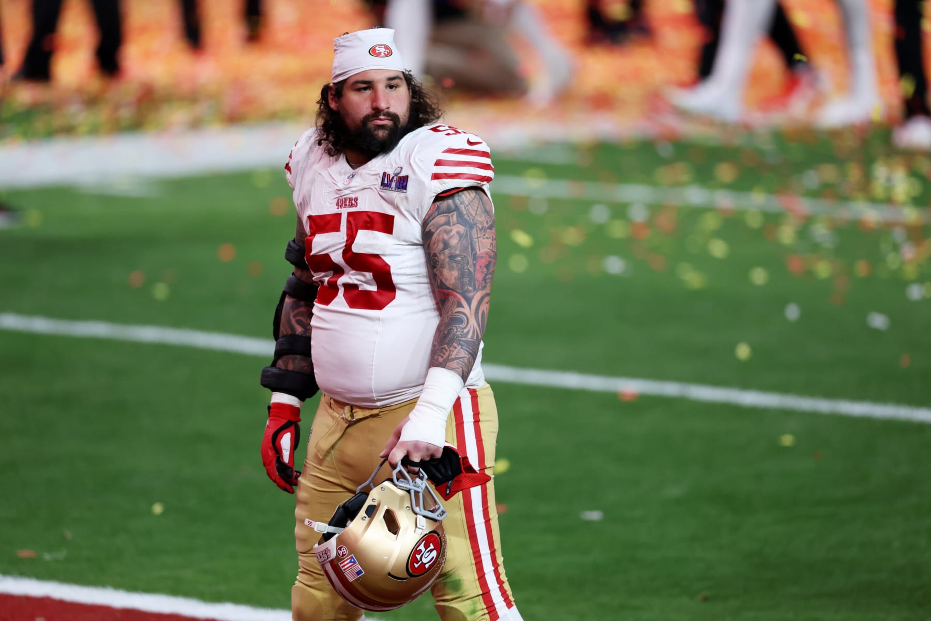 LAS VEGAS, NEVADA - FEBRUARY 11: Jon Feliciano #55 of the San Francisco 49ers reacts after losing to the Kansas City Chiefs 25-22 in overtime during Super Bowl LVIII at Allegiant Stadium on February 11, 2024 in Las Vegas, Nevada. (Photo by Steph Chambers/Getty Images) LAS VEGAS, NEVADA - FEBRUARY 11: Jon Feliciano #55 of the San Francisco 49ers reacts after losing to the Kansas City Chiefs 25-22 in overtime during Super Bowl LVIII at Allegiant Stadium on February 11, 2024 in Las Vegas, Nevada. (Photo by Steph Chambers/Getty Images)