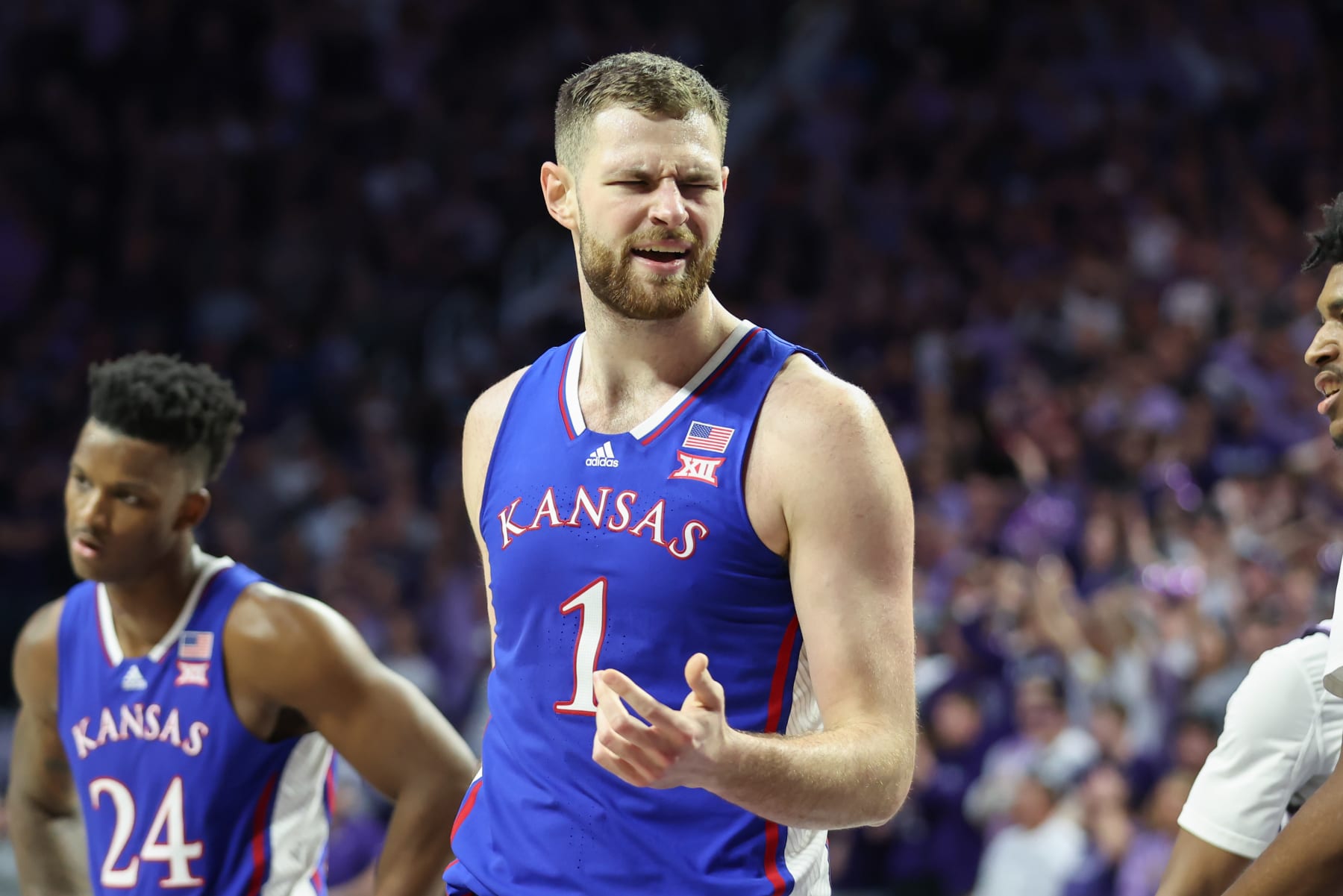 MANHATTAN, KS - FEBRUARY 05: Kansas Jayhawks center Hunter Dickinson (1) can't believe a call by the referee in the second half of a Big 12 basketball game between the Kansas Jayhawks and Kansas State Wildcats on Feb 5, 2024 at Bramlage Coliseum in Manhattan, KS. (Photo by Scott Winters/Icon Sportswire via Getty Images)