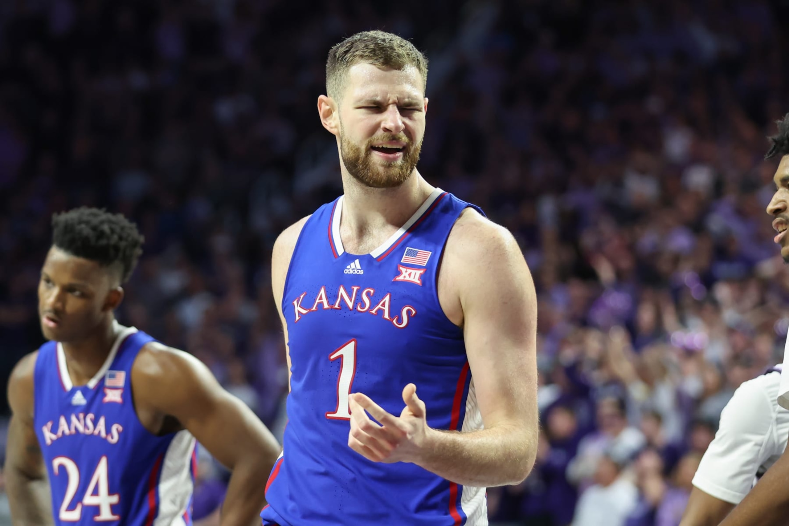 MANHATTAN, KS - FEBRUARY 05: Kansas Jayhawks center Hunter Dickinson (1) can't believe a call by the referee in the second half of a Big 12 basketball game between the Kansas Jayhawks and Kansas State Wildcats on Feb 5, 2024 at Bramlage Coliseum in Manhattan, KS. (Photo by Scott Winters/Icon Sportswire via Getty Images) MANHATTAN, KS - FEBRUARY 05: Kansas Jayhawks center Hunter Dickinson (1) can't believe a call by the referee in the second half of a Big 12 basketball game between the Kansas Jayhawks and Kansas State Wildcats on Feb 5, 2024 at Bramlage Coliseum in Manhattan, KS. (Photo by Scott Winters/Icon Sportswire via Getty Images)