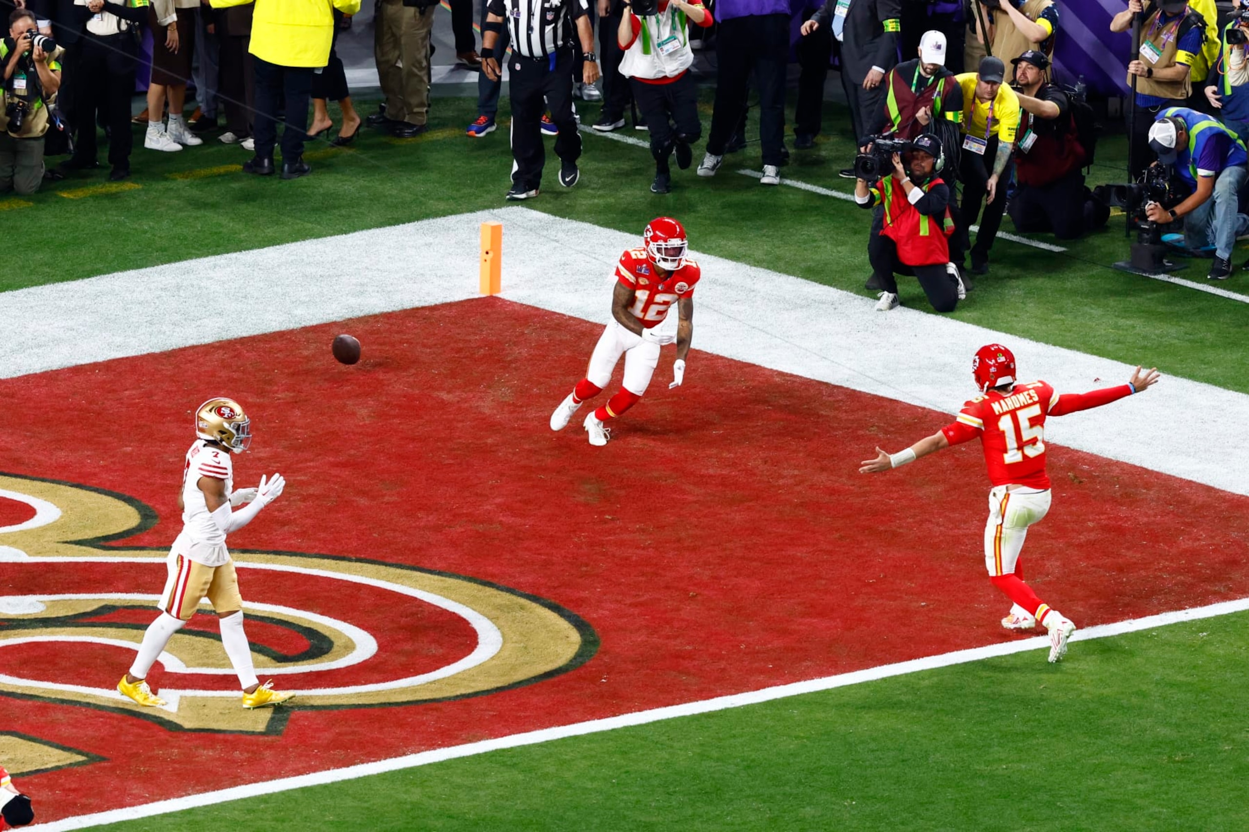 LAS VEGAS, NV - FEBRUARY 11: Kansas City Chiefs wide receiver Mecole Hardman (12) celebrates with Kansas City Chiefs quarterback Patrick Mahomes (15) after catching the game winning pass in overtime during Super Bowl LVIII between the Kansas City Chiefs and the San Francisco 49ers on February 11, 2024, at Allegiant Stadium in Las Vegas, NV. (Photo by Jeff Speer/Icon Sportswire via Getty Images) LAS VEGAS, NV - FEBRUARY 11: Kansas City Chiefs wide receiver Mecole Hardman (12) celebrates with Kansas City Chiefs quarterback Patrick Mahomes (15) after catching the game winning pass in overtime during Super Bowl LVIII between the Kansas City Chiefs and the San Francisco 49ers on February 11, 2024, at Allegiant Stadium in Las Vegas, NV. (Photo by Jeff Speer/Icon Sportswire via Getty Images)