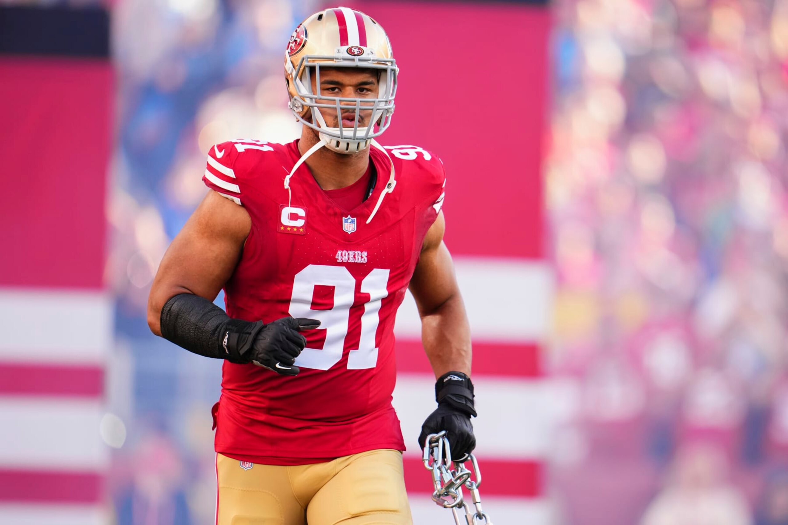 SANTA CLARA, CA - JANUARY 28: Arik Armstead #91 of the San Francisco 49ers takes the field before kickoff against the Detroit Lions during the NFC Championship football game at Levi's Stadium on January 28, 2024 in Santa Clara, California. (Photo by Cooper Neill/Getty Images)