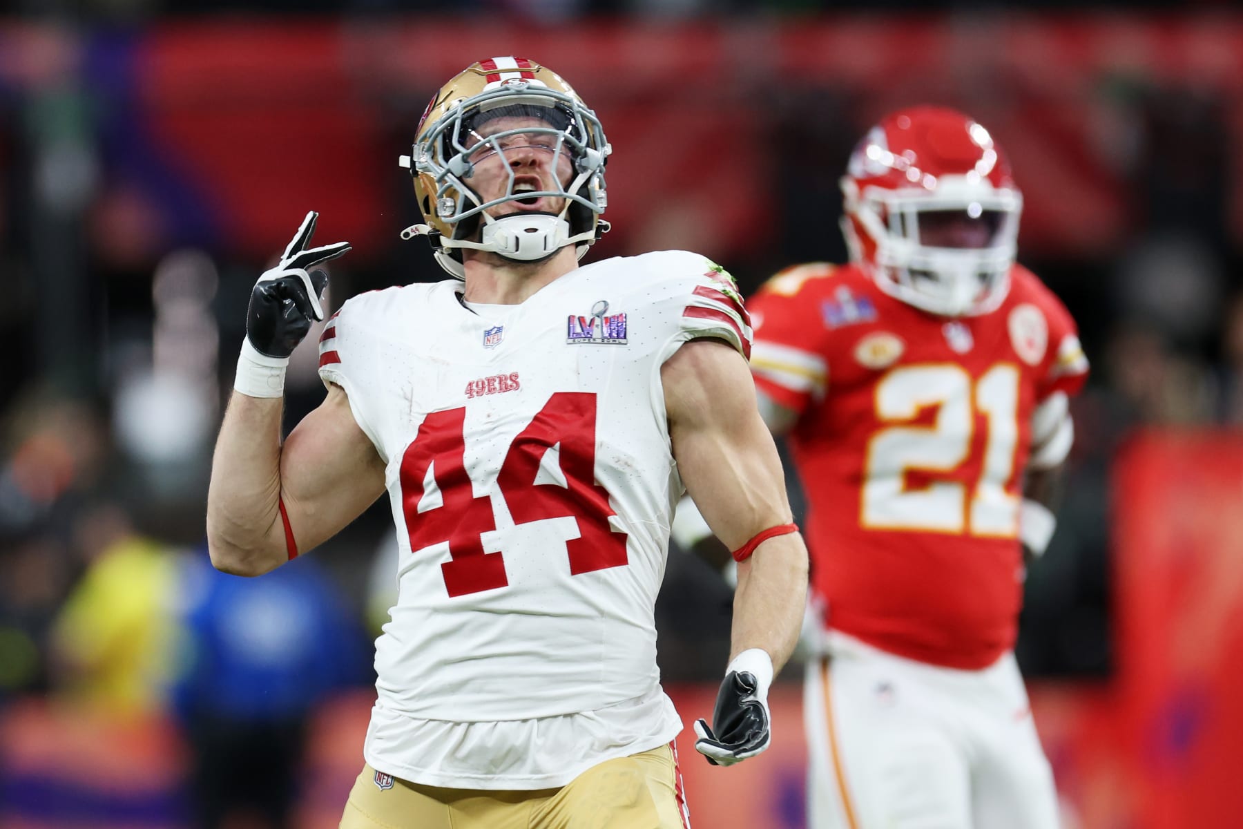 LAS VEGAS, NEVADA - FEBRUARY 11: Kyle Juszczyk #44 of the San Francisco 49ers reacts during the first quarter against the Kansas City Chiefs during Super Bowl LVIII at Allegiant Stadium on February 11, 2024 in Las Vegas, Nevada. (Photo by Jamie Squire/Getty Images)