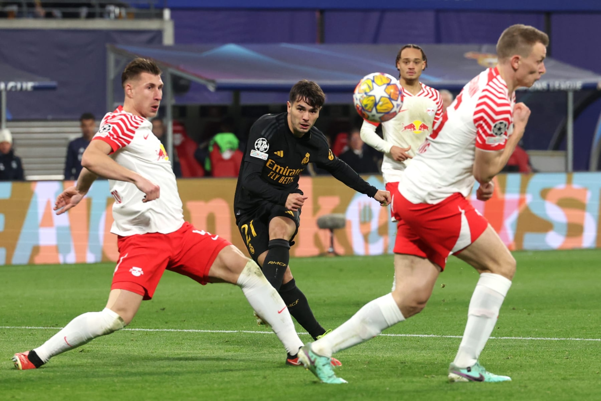 LEIPZIG, GERMANY - FEBRUARY 13: Brahim Diaz of Real Madrid scores his team's first goal during the UEFA Champions League 2023/24 round of 16 first leg match between RB Leipzig and Real Madrid CF at Red Bull Arena on February 13, 2024 in Leipzig, Germany. (Photo by Alexander Hassenstein/Getty Images)