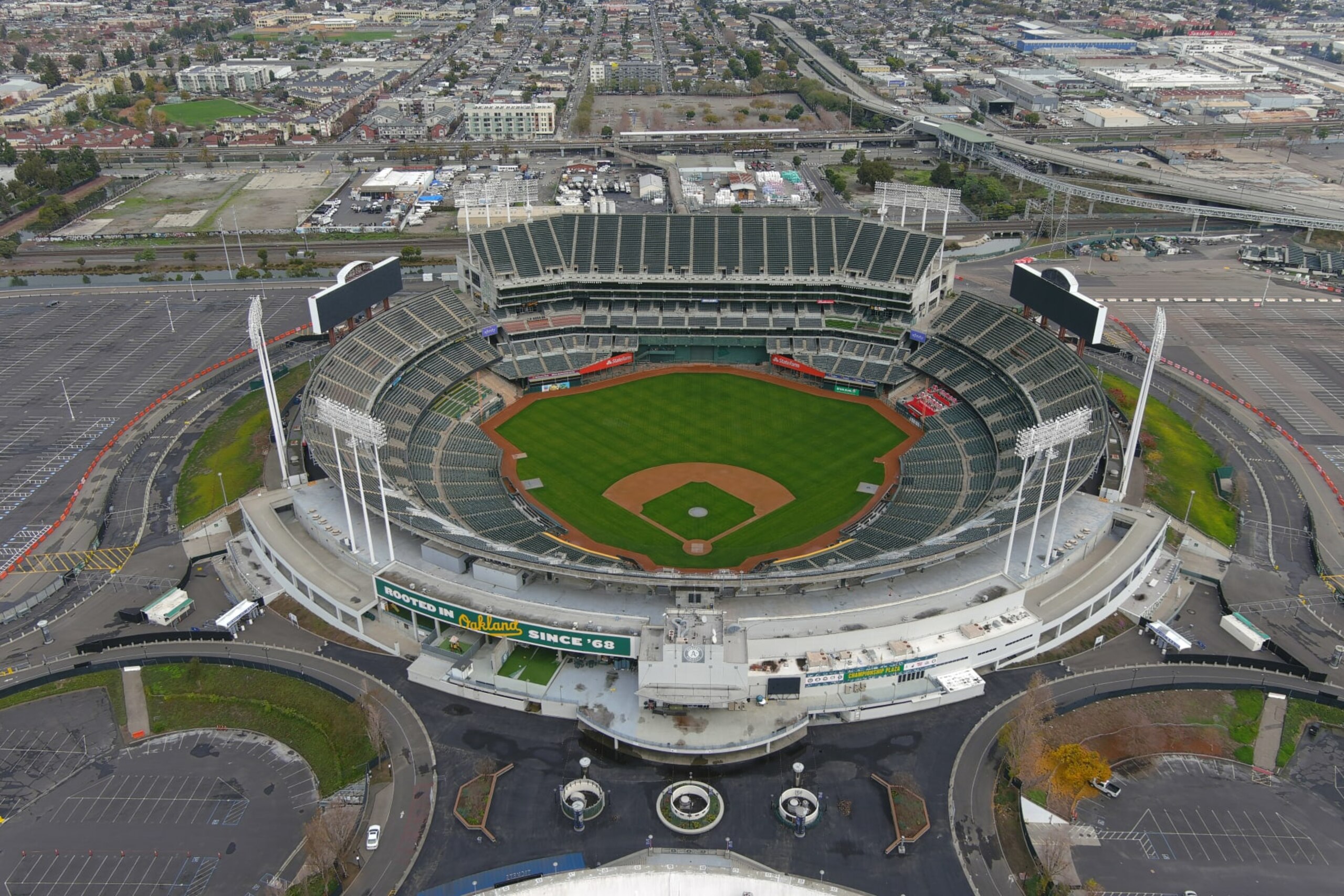 OAKLAND, CALIFORNIA - DECEMBER 31: A general overall aerial view of the Oakland-Alameda County Coliseum on December 31, 2023 in Oakland, California. (Photo by Kirby Lee/Getty Images)
