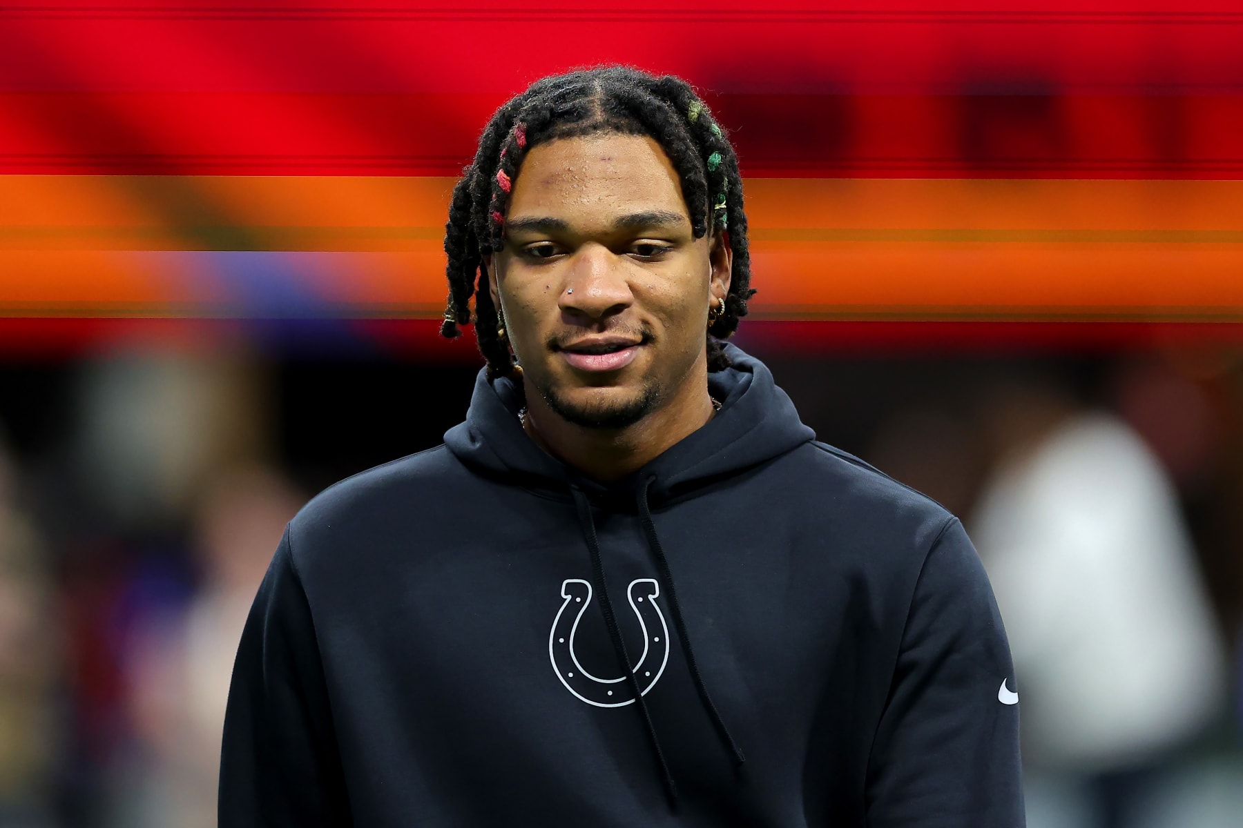 ATLANTA, GEORGIA - DECEMBER 24: Anthony Richardson #5 of the Indianapolis Colts looks on prior to the game against the Atlanta Falcons at Mercedes-Benz Stadium on December 24, 2023 in Atlanta, Georgia. (Photo by Kevin C. Cox/Getty Images)