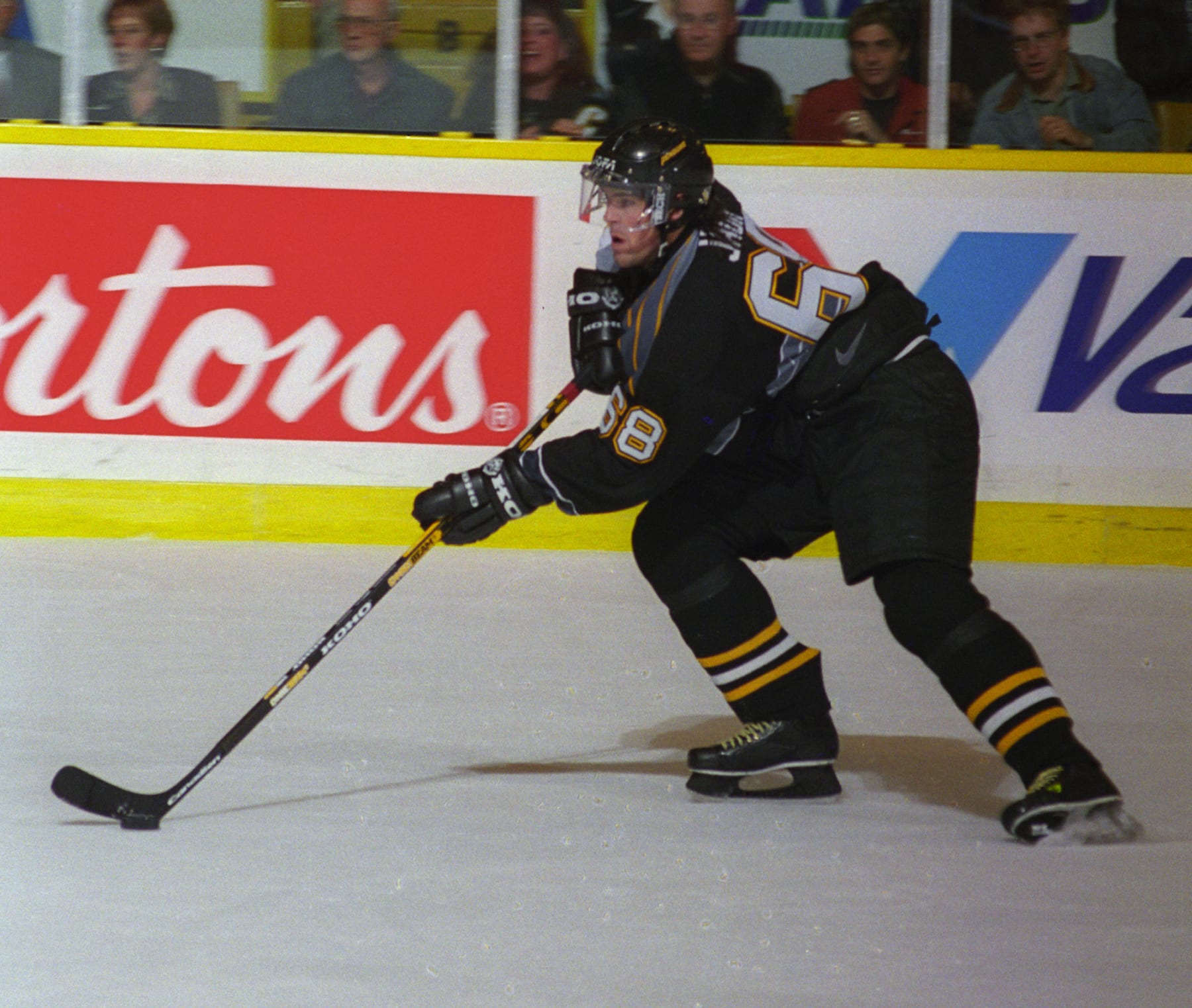 TORONTO, ON - OCTOBER 26: Jaromir Jagr #68 of the Pittsburgh Penguins skates against the Toronto Maple Leafs during NHL game action on October 26, 1998 at Maple Leaf Gardens in Toronto, Ontario, Canada. (Photo by Graig Abel/Getty Images)
