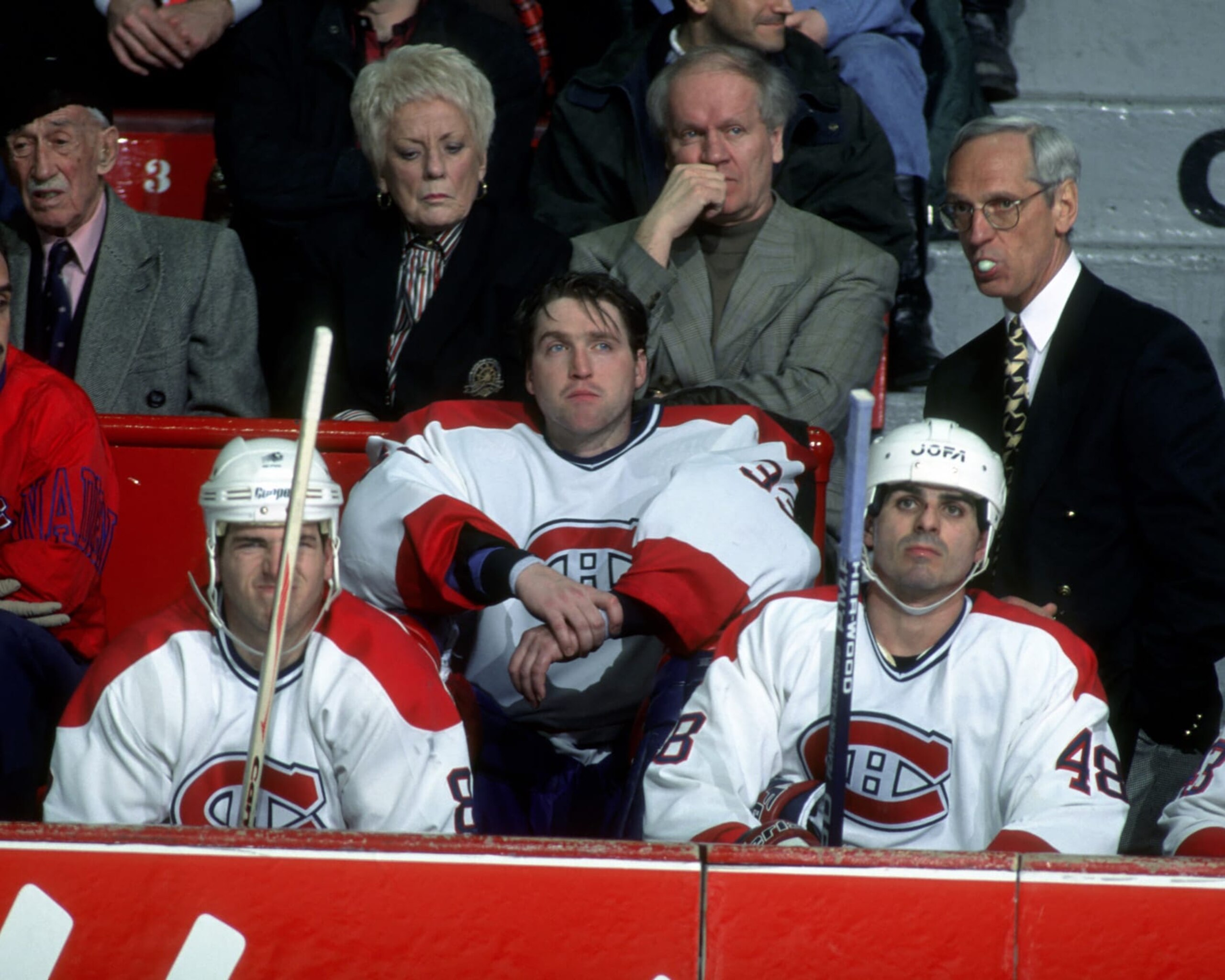 2002 Season: Patrick Roy takes himself out of the game during the 1994-95 season and played his last game for the Montreal Canadiens.  (Photo by Bruce Bennett Studios via Getty Images Studios/Getty Images)