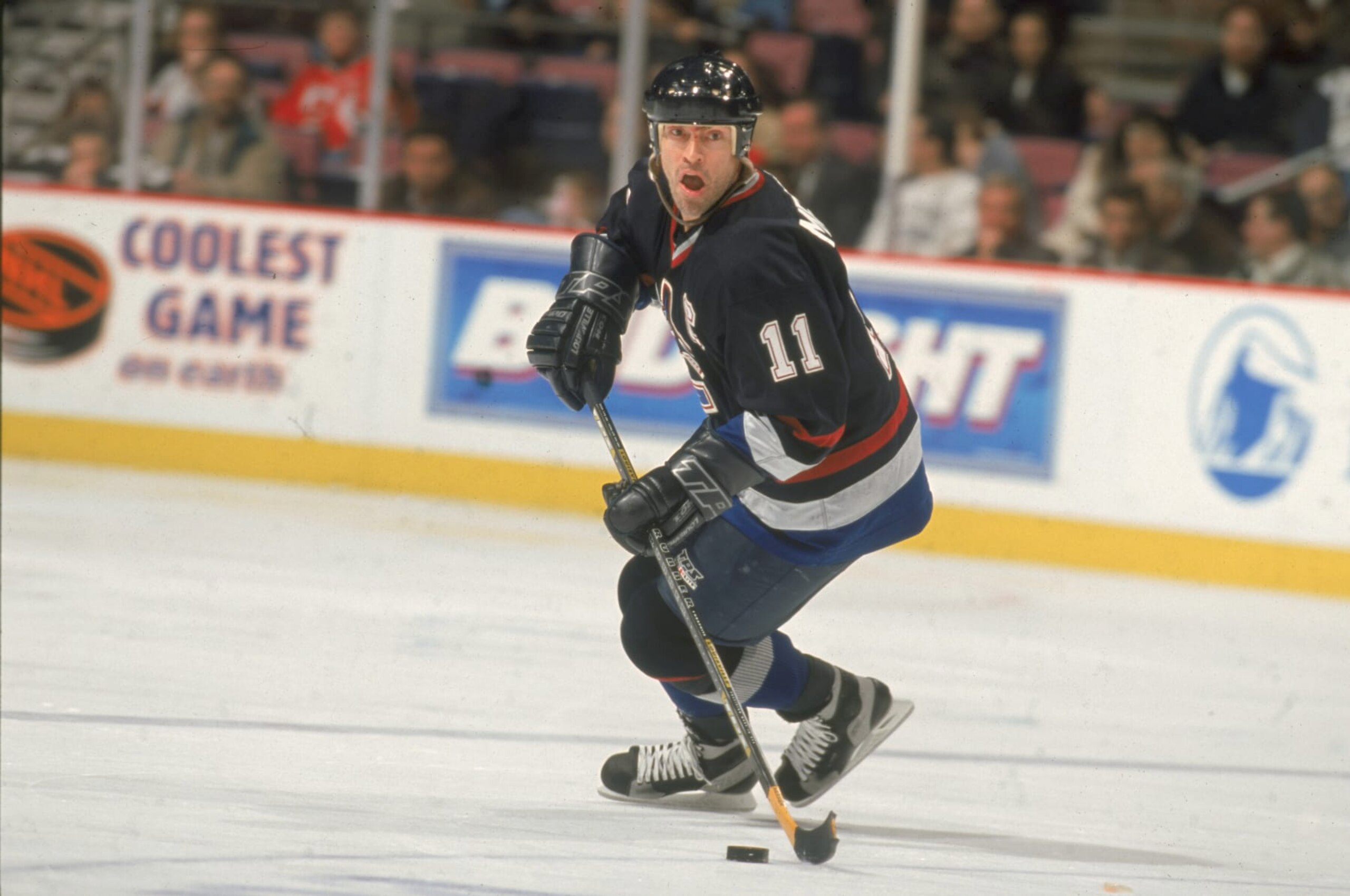 Canadian professional ice hockey player Mark Messier of the Vancouver Canucks on the ice during an away game, February 1999. Messier played with the Canucks from 1997 to 2000. (Photo by Jim McIsaac/Getty Images)