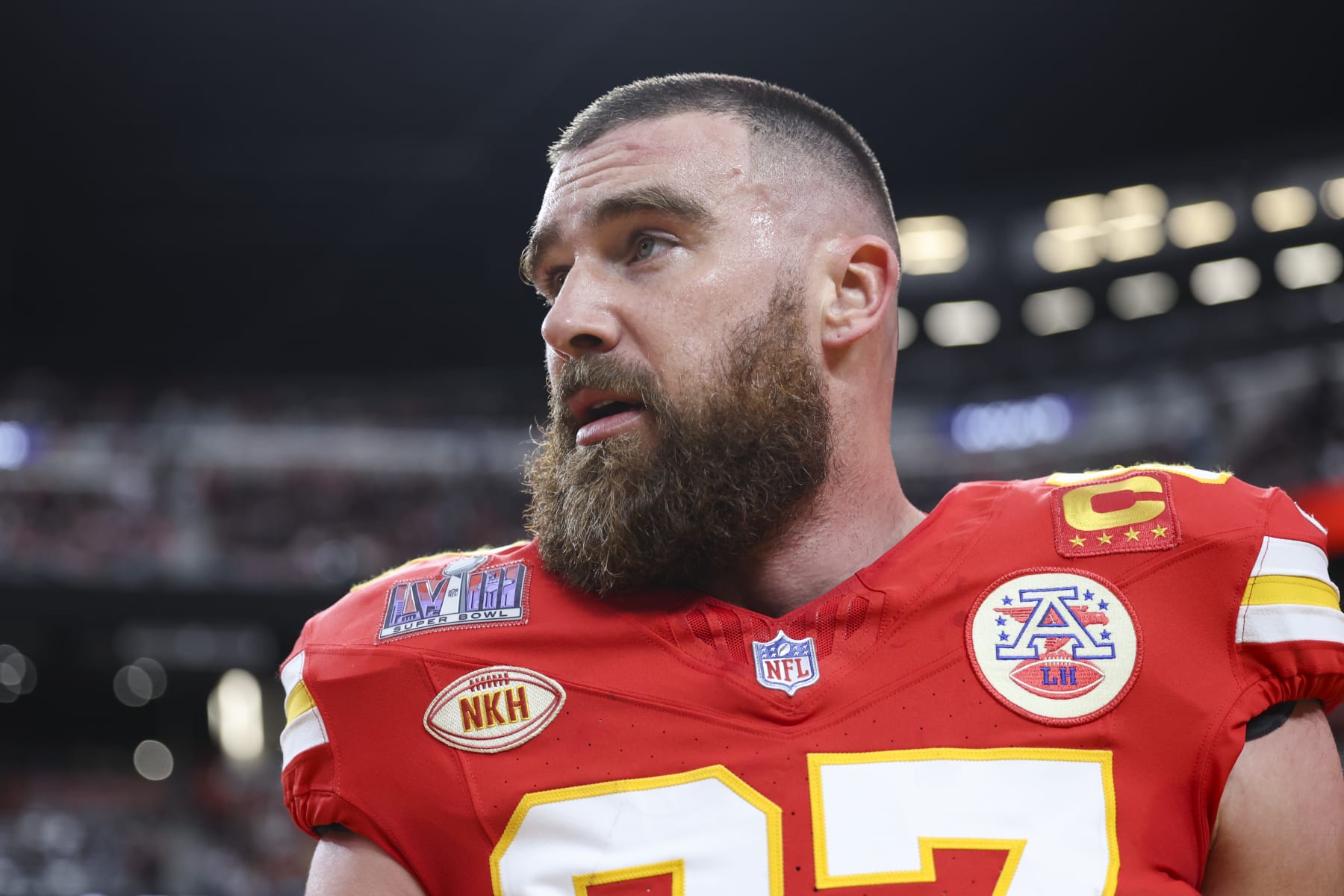 LAS VEGAS, NV - FEBRUARY 11: Travis Kelce #87 of the Kansas City Chiefs looks on prior to Super Bowl LVIII against the San Francisco 49ers at Allegiant Stadium on February 11, 2024 in Las Vegas, NV. (Photo by Perry Knotts/Getty Images)