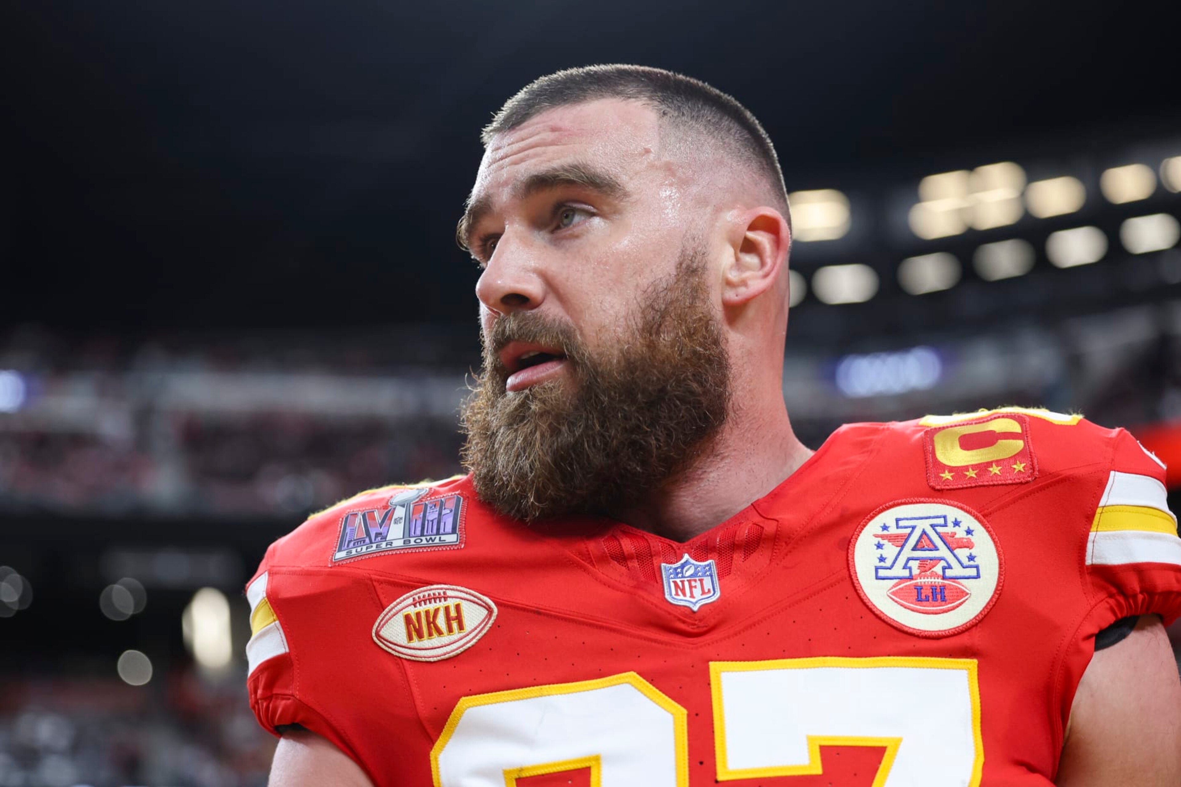 LAS VEGAS, NV - FEBRUARY 11: Travis Kelce #87 of the Kansas City Chiefs looks on prior to Super Bowl LVIII against the San Francisco 49ers at Allegiant Stadium on February 11, 2024 in Las Vegas, NV. (Photo by Perry Knotts/Getty Images)