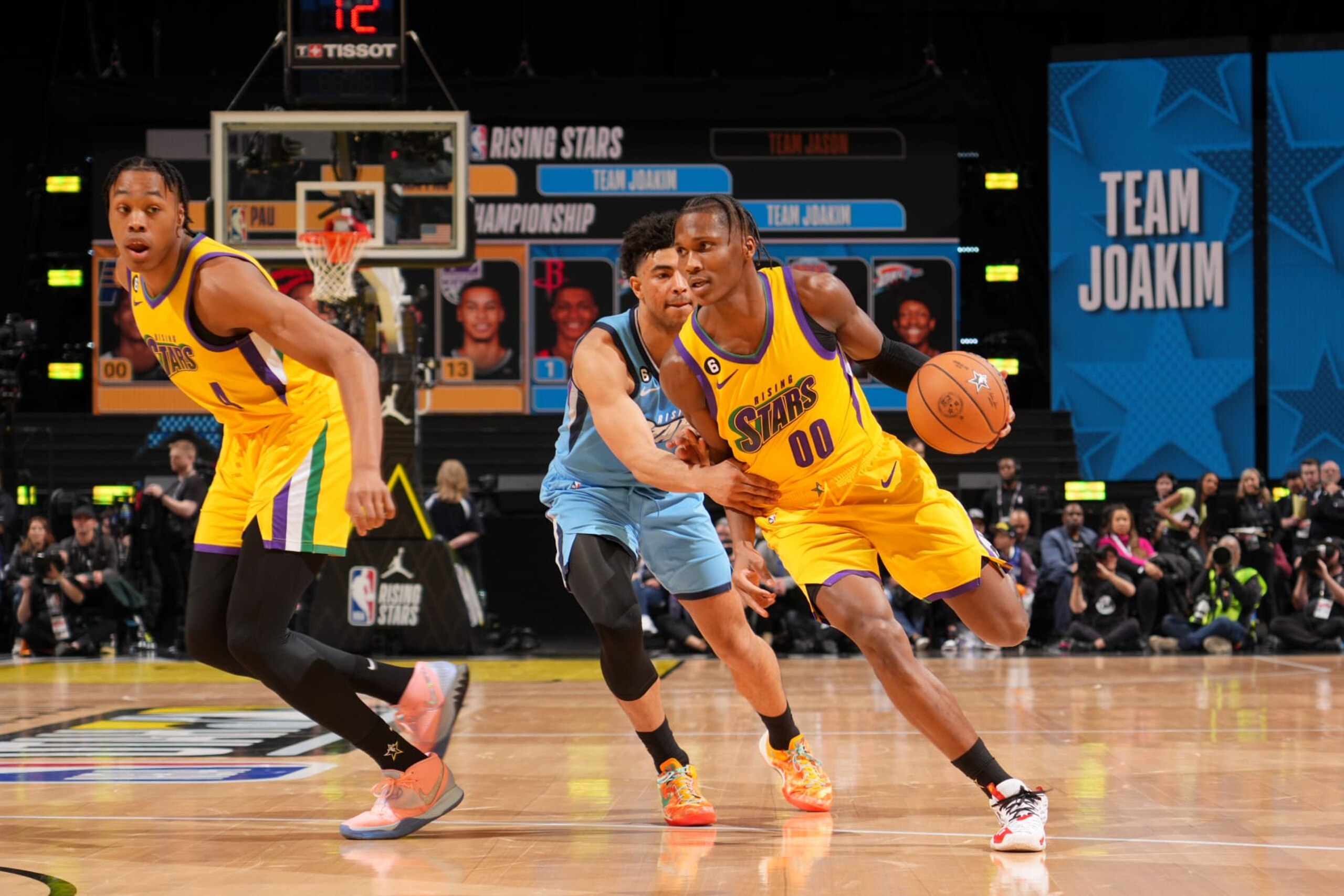 SALT LAKE CITY, UT - FEBRUARY 17: Bennedict Mathurin #00 of Team Pau dribbles the ball during Jordan Rising Stars Game as part of 2023 NBA All Star Weekend on Friday, February 17, 2023 at Vivint Arena in Salt Lake City, Utah. NOTE TO USER: User expressly acknowledges and agrees that, by downloading and/or using this Photograph, user is consenting to the terms and conditions of the Getty Images License Agreement. Mandatory Copyright Notice: Copyright 2023 NBAE (Photo by Jesse D. Garrabrant/NBAE via Getty Images)
