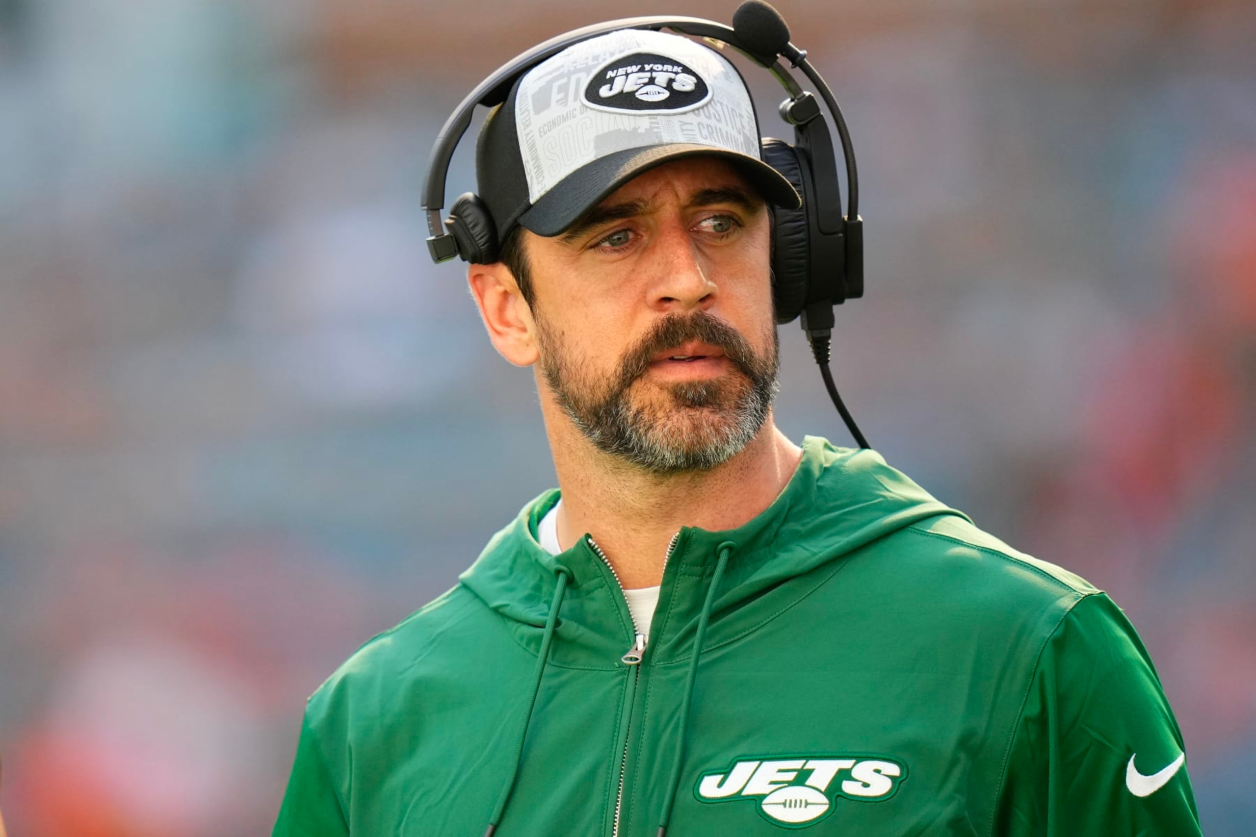 MIAMI GARDENS, FLORIDA - DECEMBER 17: Aaron Rodgers of the Green Bay Packers looks on during the first half against the Miami Dolphins at Hard Rock Stadium on December 17, 2023 in Miami Gardens, Florida. (Photo by Rich Storry/Getty Images)
